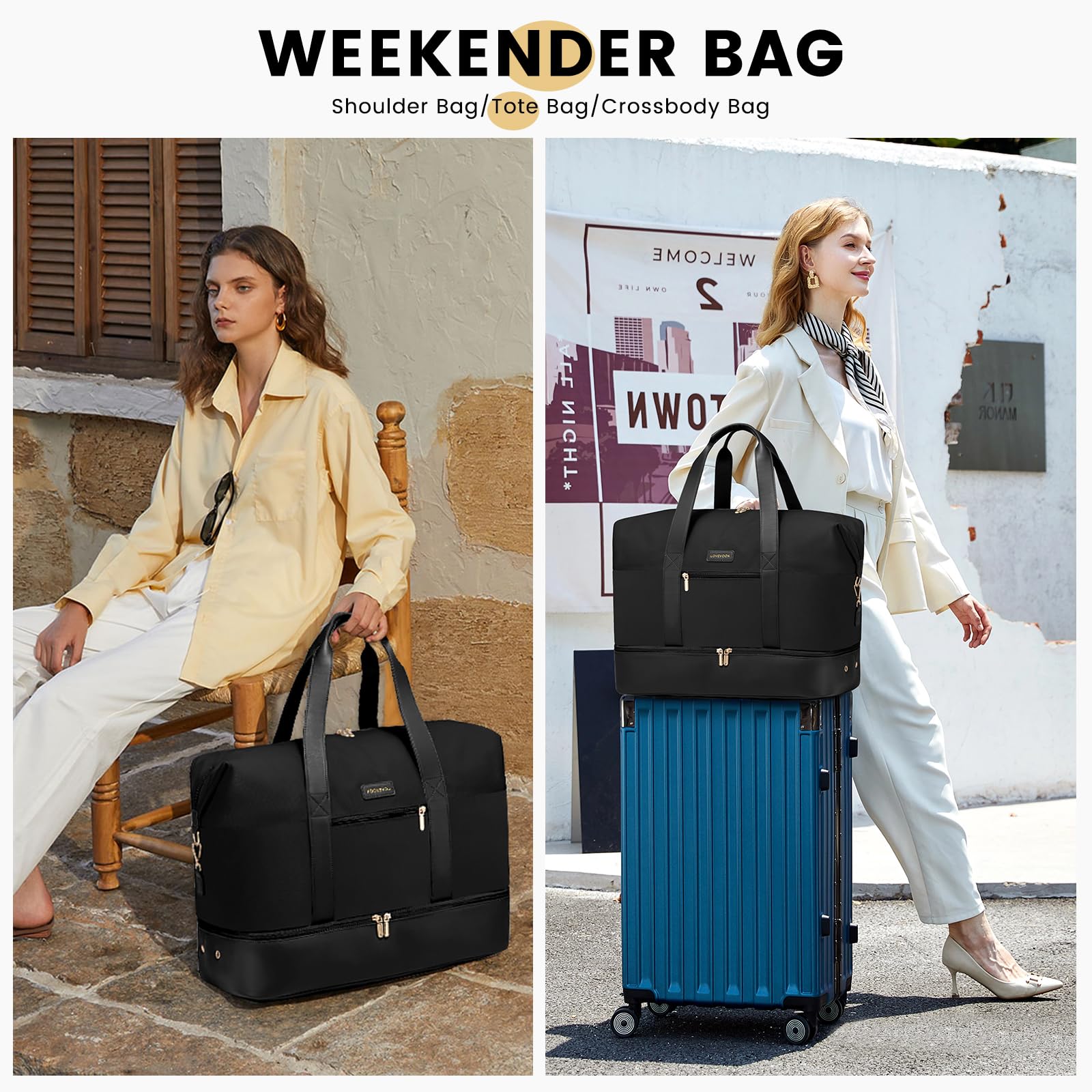 LOVEVOOK Borsone Da Viaggio Donna, Grande Borsa Da Viaggio, 56L Borsone Nascita Ospedale, Bagaglio a Mano 50x38x25, Borsone Palestra Duffel Bag Borsa Piscina, Nero