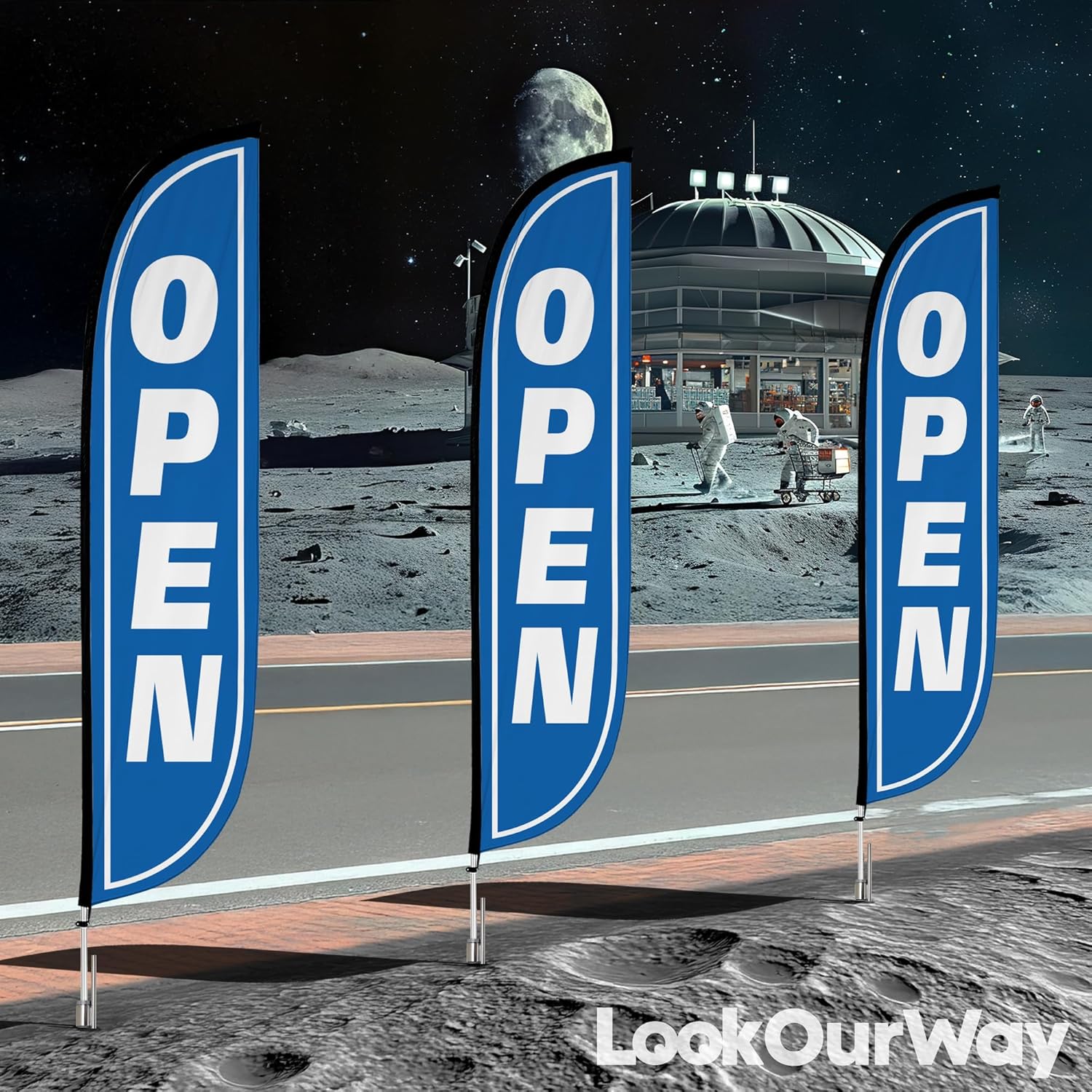 LookOurWay Feather Flag Pole Kit - 12 Feet Tall Advertising Flag Banner with Fiberglass Pole Kit and Ground Spike for Business Promotion - Grand Opening Flags - Open Blue & White (10M1200105)