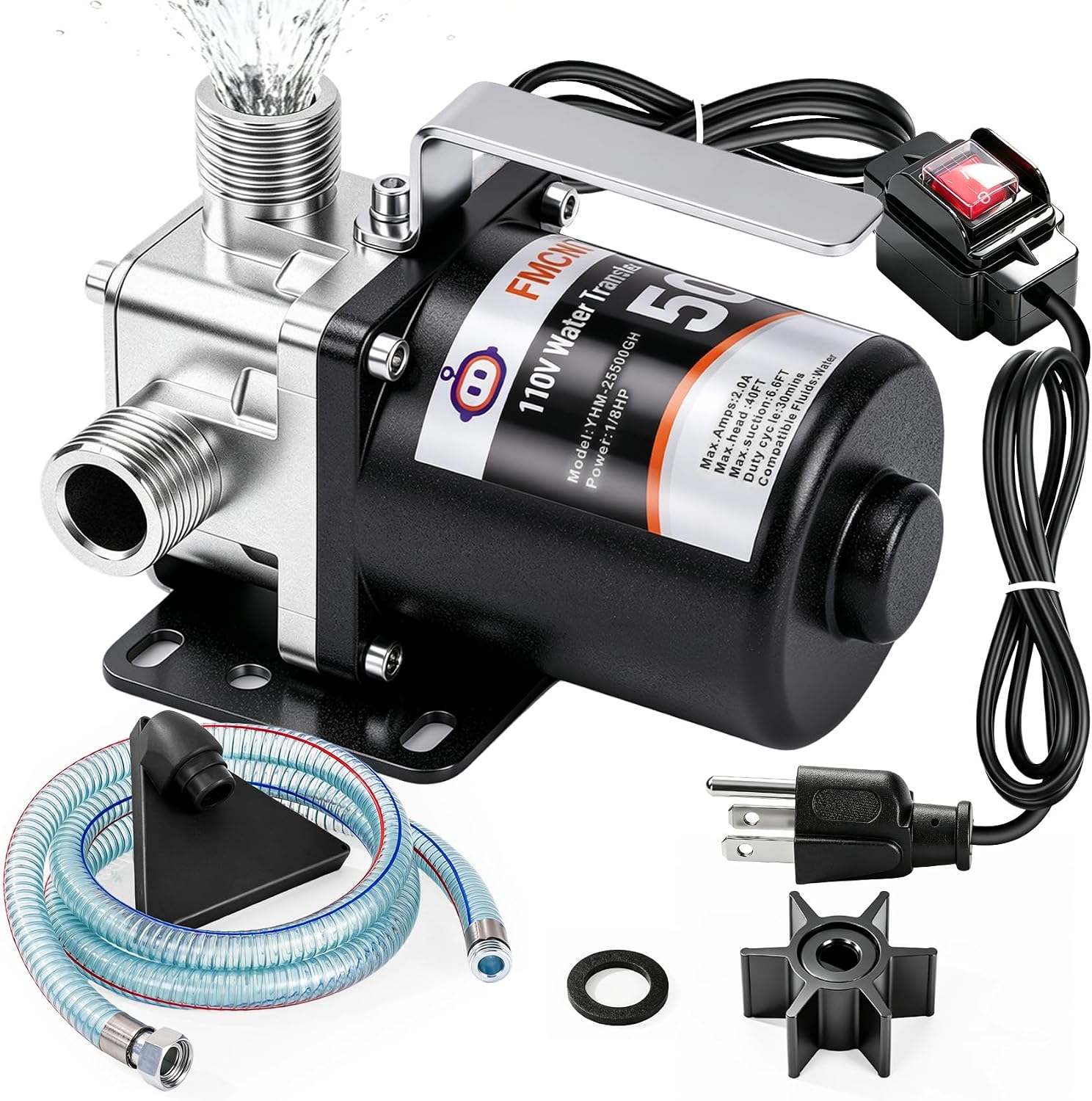 FMCNMech Water Transfer Pump, 110V Utility Pump, 500 GPH | Portable pump for pool draining, basement water removal, rain barrels & garden use. (Water pump without switch)