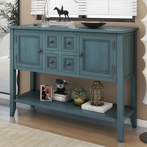 P PURLOVE Mesa de consola de bufé con cuatro cajones de almacenamiento, dos armarios y estante inferior (azul oscuro)