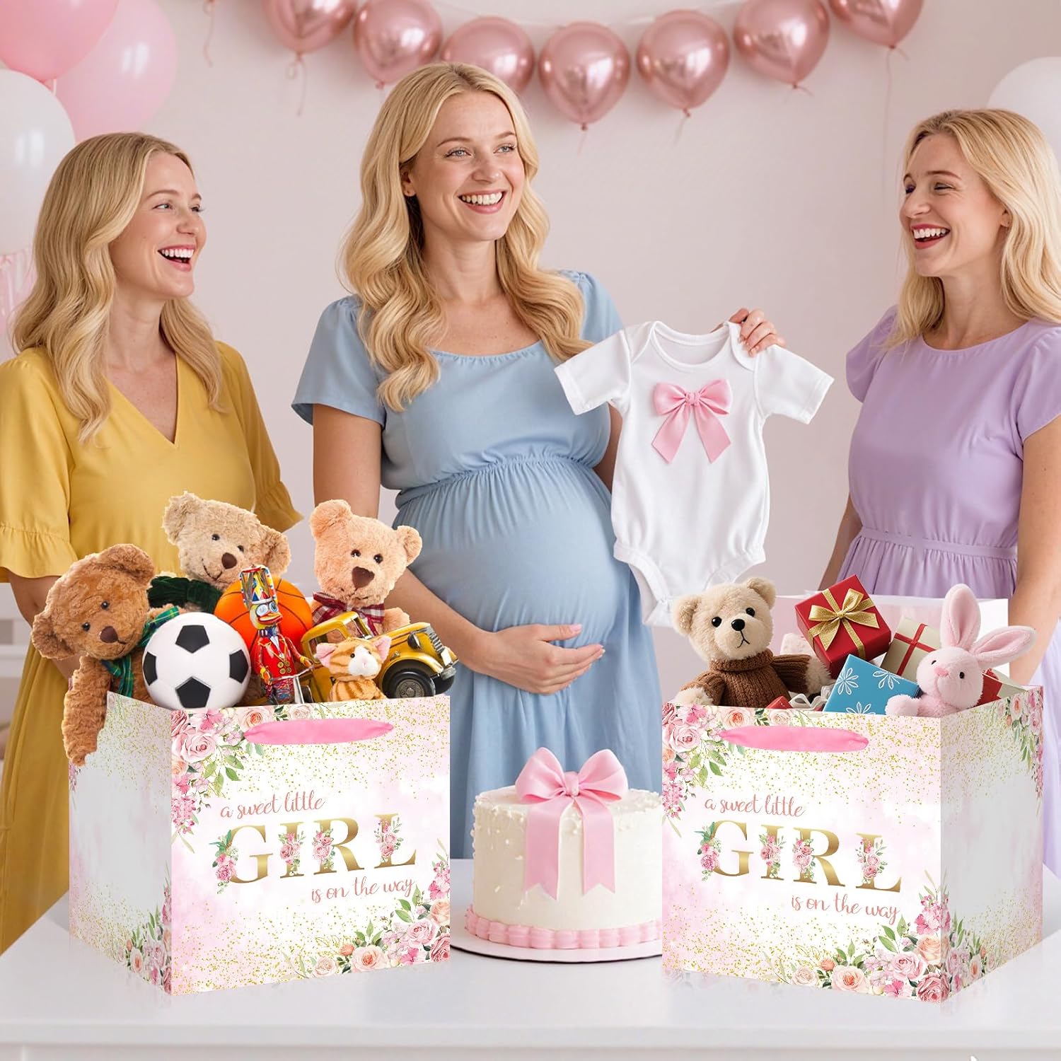 Extra Large Baby Girl Gift Bags - Pink Floral Baby Shower Square Gift Bag A Sweet Little Girl is on the Way Wrapping Paper Bag for Newborn Congratulations Gifts Gender Reveal Party Favors Decor - Image 6