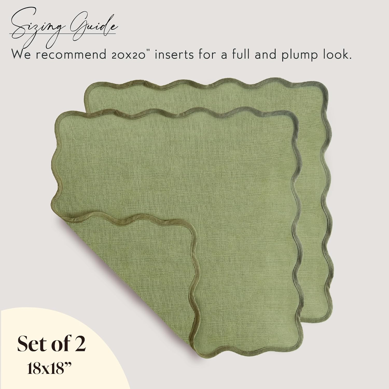 Orelle Scalloped Pillow Covers | Set of 2 | 100% Linen & Cotton | Decorative Throw Pillow Covers | 18x18” | Sage Green