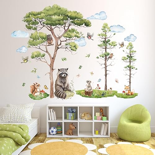 Miniatura 2 de Calcomanías de pared de animales del bosque, calcomanías de pared de árbol del bosque, mapache, zorro, conejo, búho, decoración de pared, acuarela,