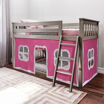 Max & Lily Low Bunk Bed, Twin-Over-Twin Bed Frame for Kids with Curtains for Bottom, Clay/Pink