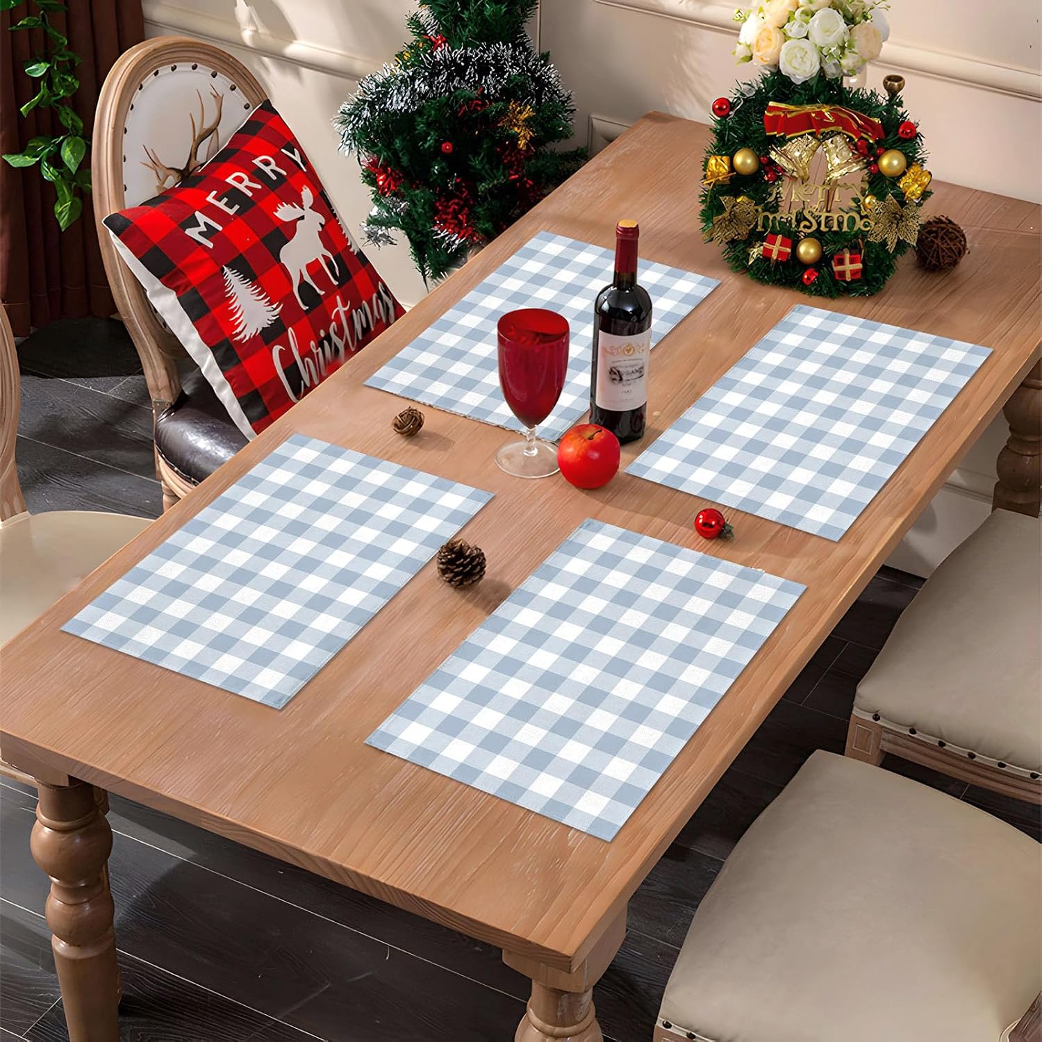 Dusty Blue Gingham Placemats Light Blue Checkered Table Mats for Boy Girl Baby Shower Birthday Party Dining Table Decorations (12" x 18")