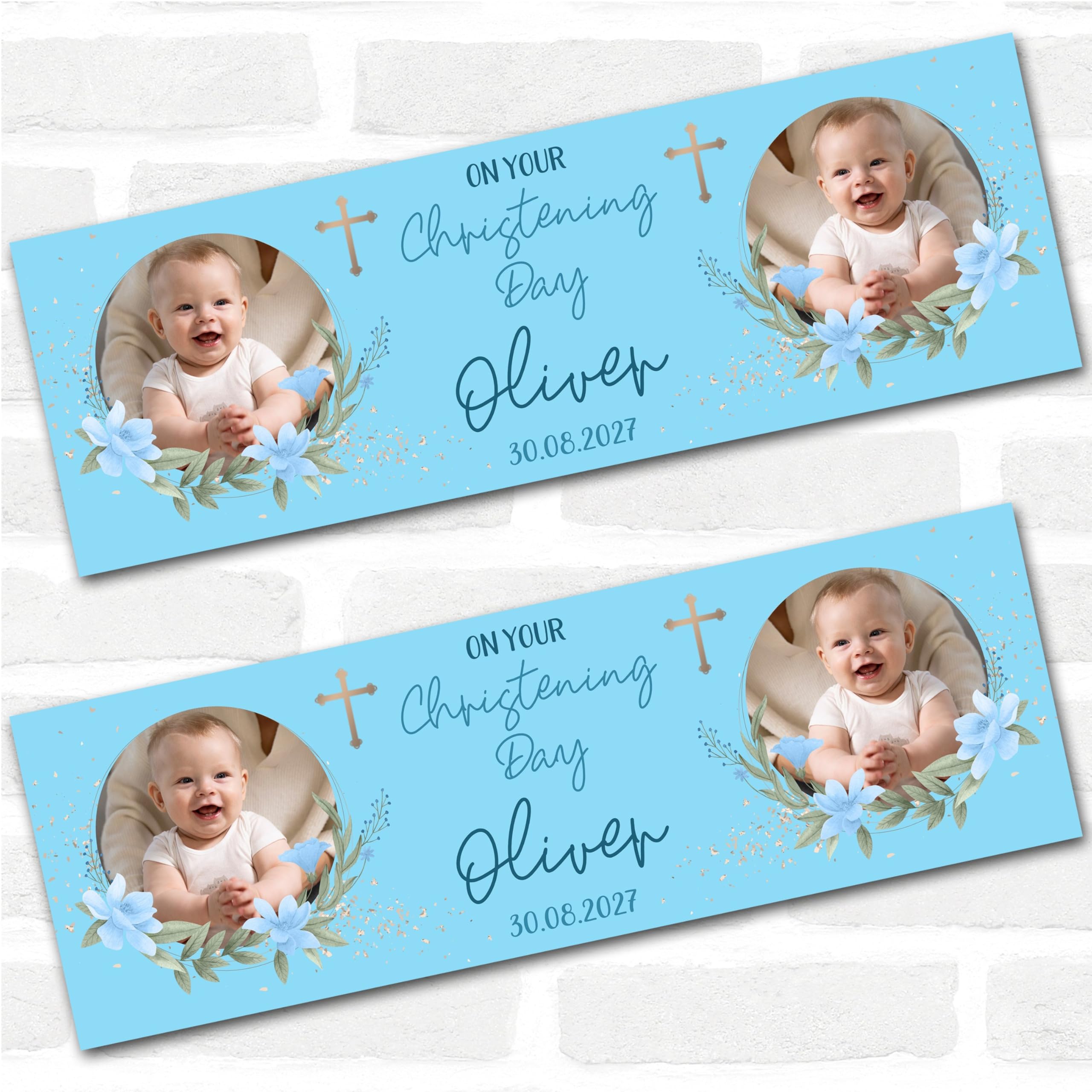 Personalised Party Banner For Christening Boys Photo Blue Flowers | Custom Large Party Decoration, Event Banner, Backdrop, Décor, Signage. 3 ft x 1 ft | 4.5 ft x 1.5 ft | 6 ft x 2 ft