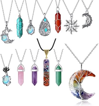 MAIBAOTA 12 Pcs Crystal Necklaces Set Crystal Pendant Gemstone Jewelry with Chara Moon Crystal Necklace