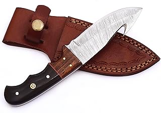SoHo Knives Handmade Damascus Steel Fixed Blade Hunting Knife And Survival Knife For Skinning - Fixed Blade Bowie Knife With Sheath - Buck Knife With Rose Wood Handle (Gut Hook Knife)