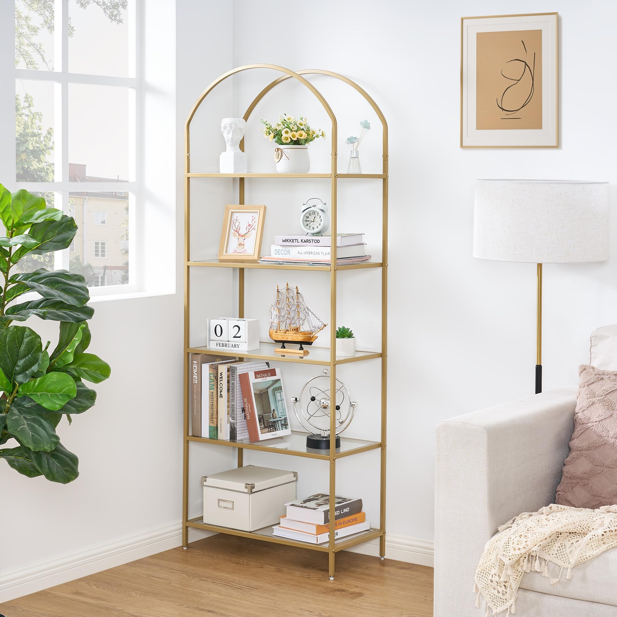 Homhedy Bookshelf Arched Display Racks,Metal Bookcase,Tempered Glass Shelves,Storage Rack Shelf for Home Office,Living Room,Bedroom, Bathroom,Modern Style (Golden, 11.8" D x 23.6" W x 62.2" H)