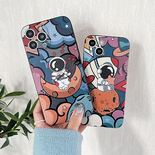 Miniatura 6 de Compatible con iPhone XR Funda Bonita, Diseño de Pintura Espacial de Astronauta Luna de Dibujos Animados Genial, Parachoques de TPU Suave Elegante