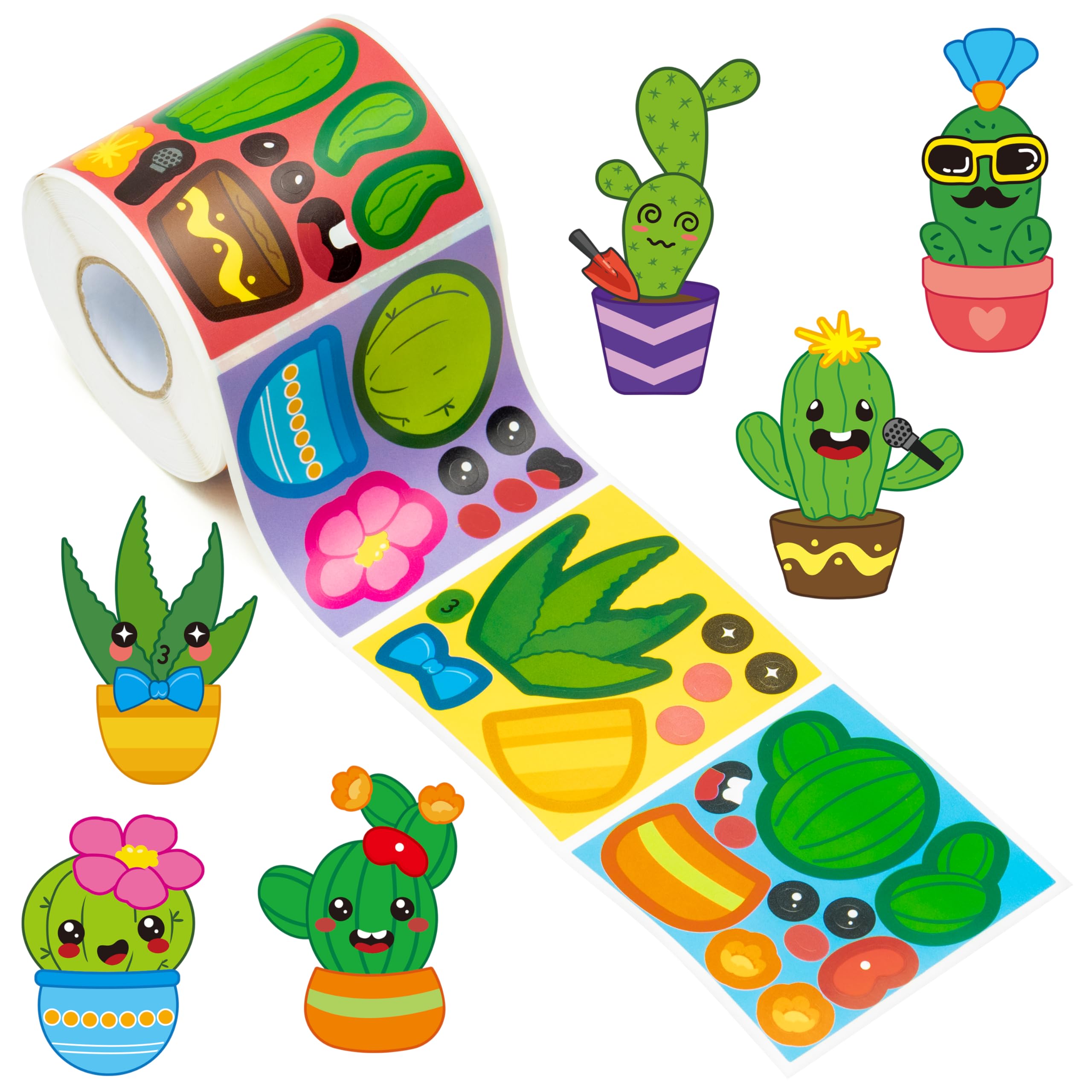Haooryx Cactus DIY Stickers Roll - 300pcs Cactus Make Your Own Make A Face Stickers Roll Self-Adhesive Waterproof Vinyl Handmade Greeting Card Water Bottle Scrapbook Bullet Journal Page Activity Pad