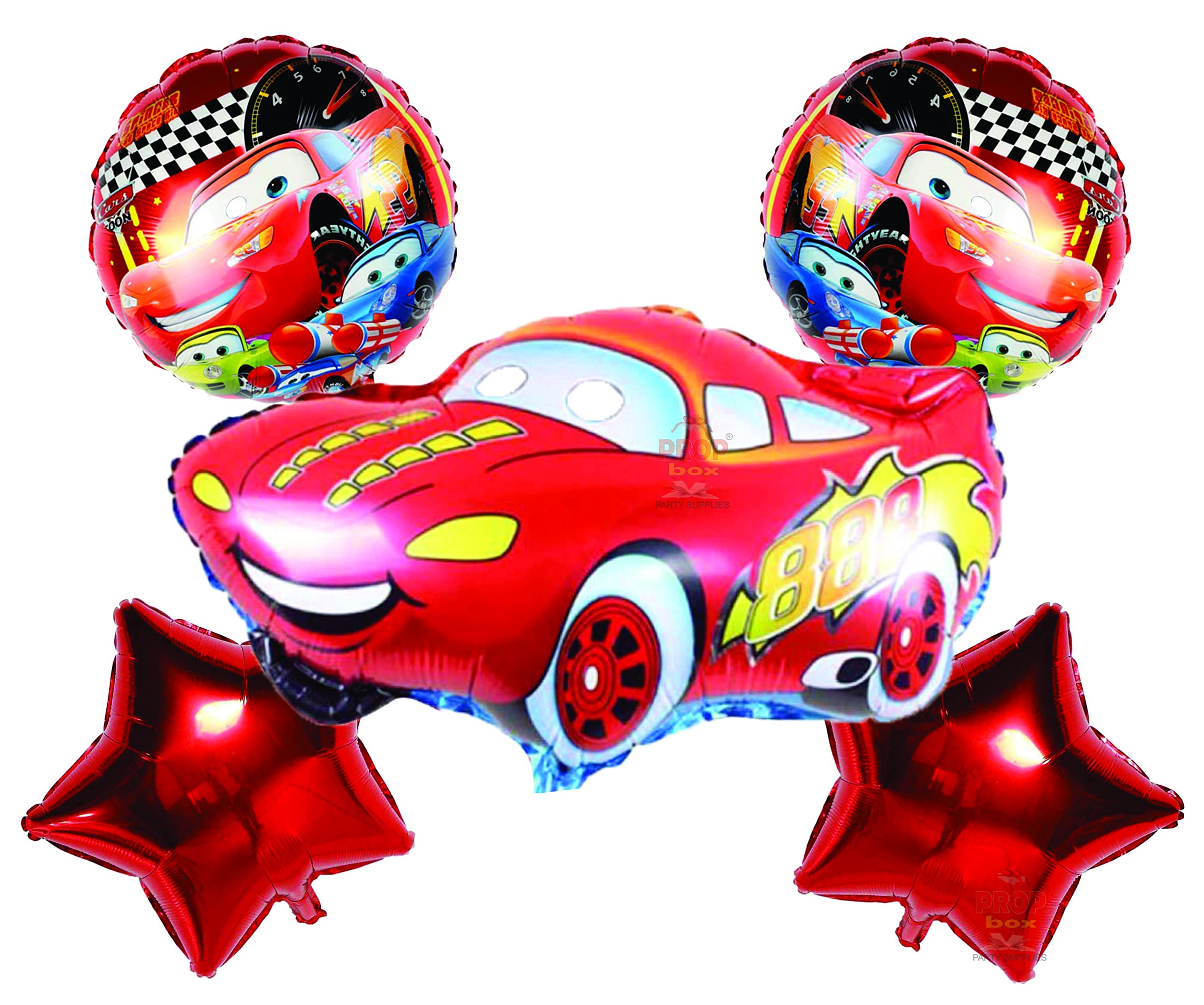 Prop Box Car Theme Foil Balloons 5 Pc Set Combo Includes 1 Car Foil Balloon, 2 Red Star, 2 Round Printed Ballons For Kids Boys Birthday Decoration Items (Cars)