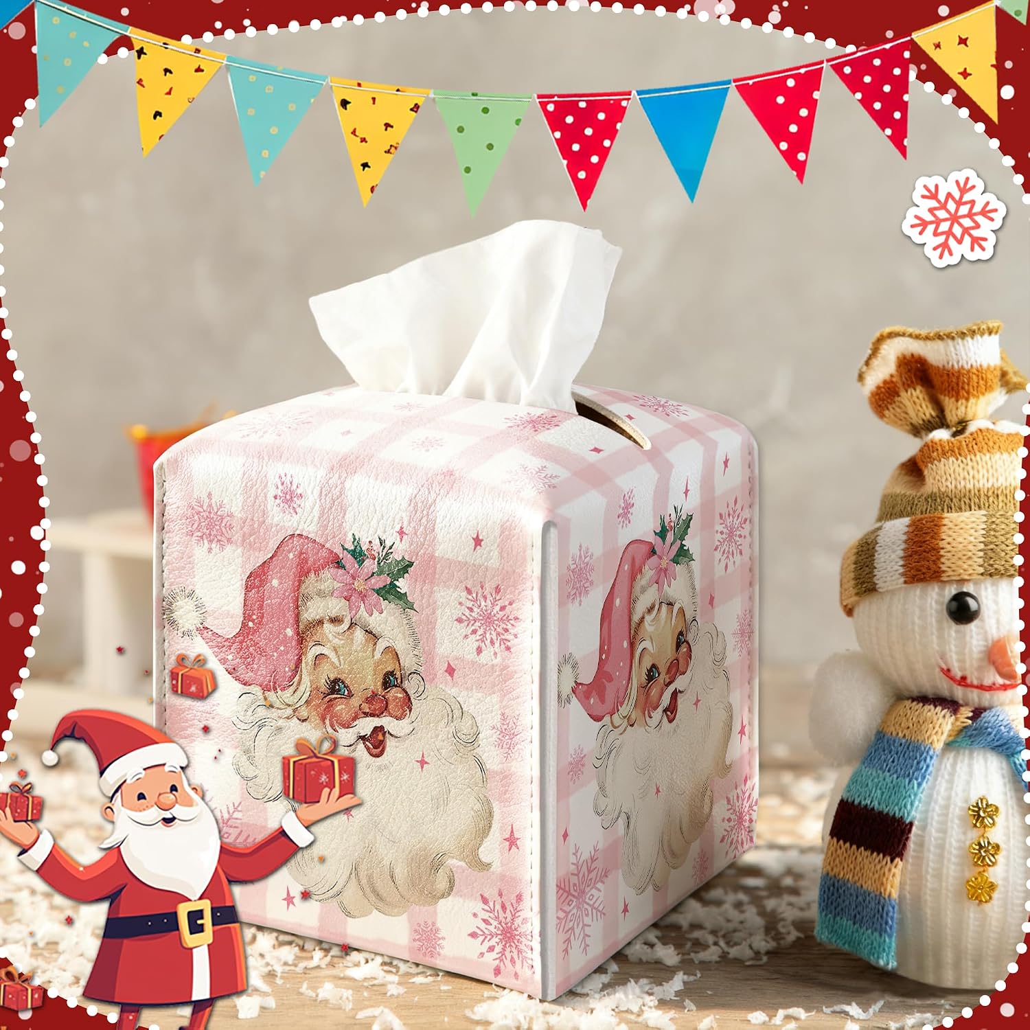 Christmas Box Cover Square, Santa Claus Pink Checkered Decorative Tissue Box Holder, Waterproof Leather Tissues Boxes Dispenser for Bathroom, Office, Car, Bedroom Nightstand, Home Decor image 3