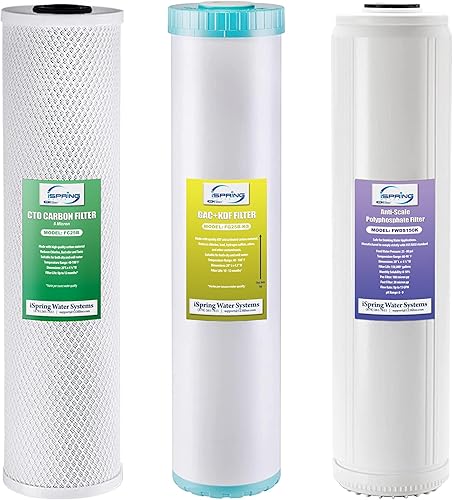 iSpring F3WGB32BKDS - Filtro de agua de 3 etapas para toda la casa de 4.5 x 20 pulgadas, paquete de repuesto con filtro de agua de polifosfato
