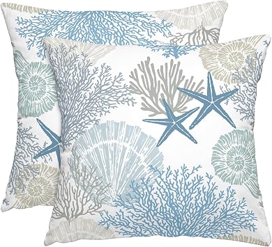 Coastal Throw Pillow Covers 18x18 Inches Beach Seashell Starfish Decorative Pillow Case Set of 2 Soft Velvet Couch Pillows Cushion Cover for Bed Sofa Living Room Blue, 18" L x 18" W