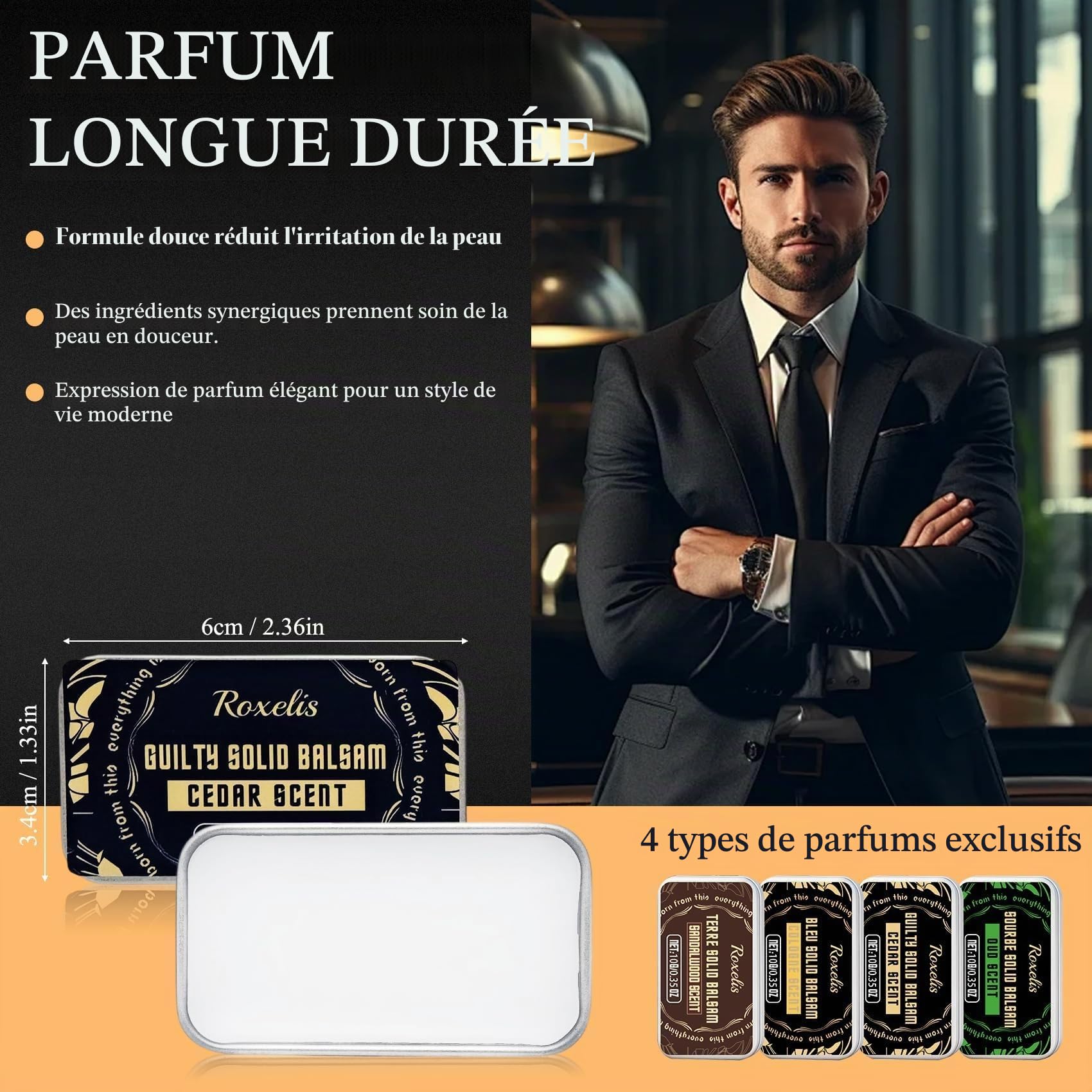 4 pièces Parfum solide pour homme, parfum masculin aux phéromones | vétiver, cèdre, sauge, santal, parfum pour homme automne-hiver, coffret de parfum format voyage, cadeau pour homme (4 x 10 g)