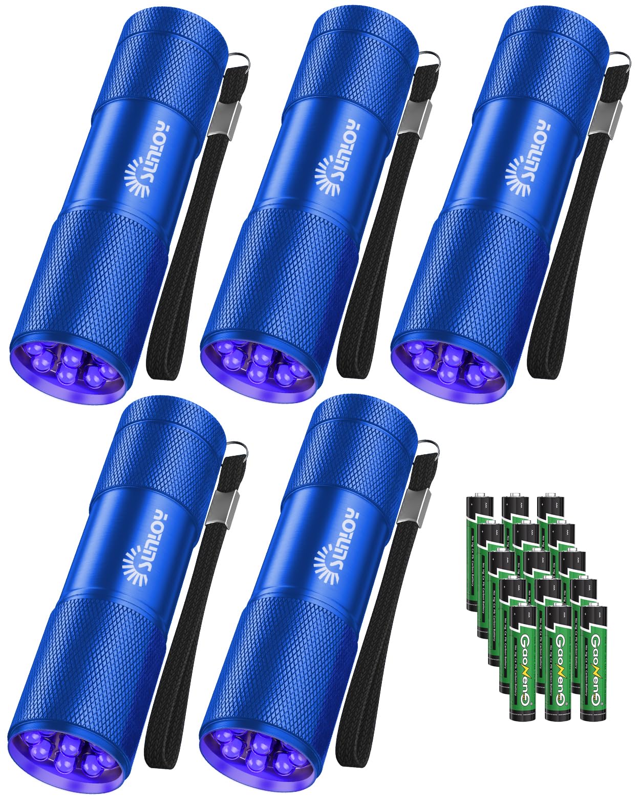 UV Flashlight Black Light, 5 Pack 9 LED 395nm UV Lights Blacklight, Portable Mini Torch Light Pet Urine Detector for Dog/Cat Urine, Scorpions Finder, Resin Curing(15x AAA Batteries(Blue))