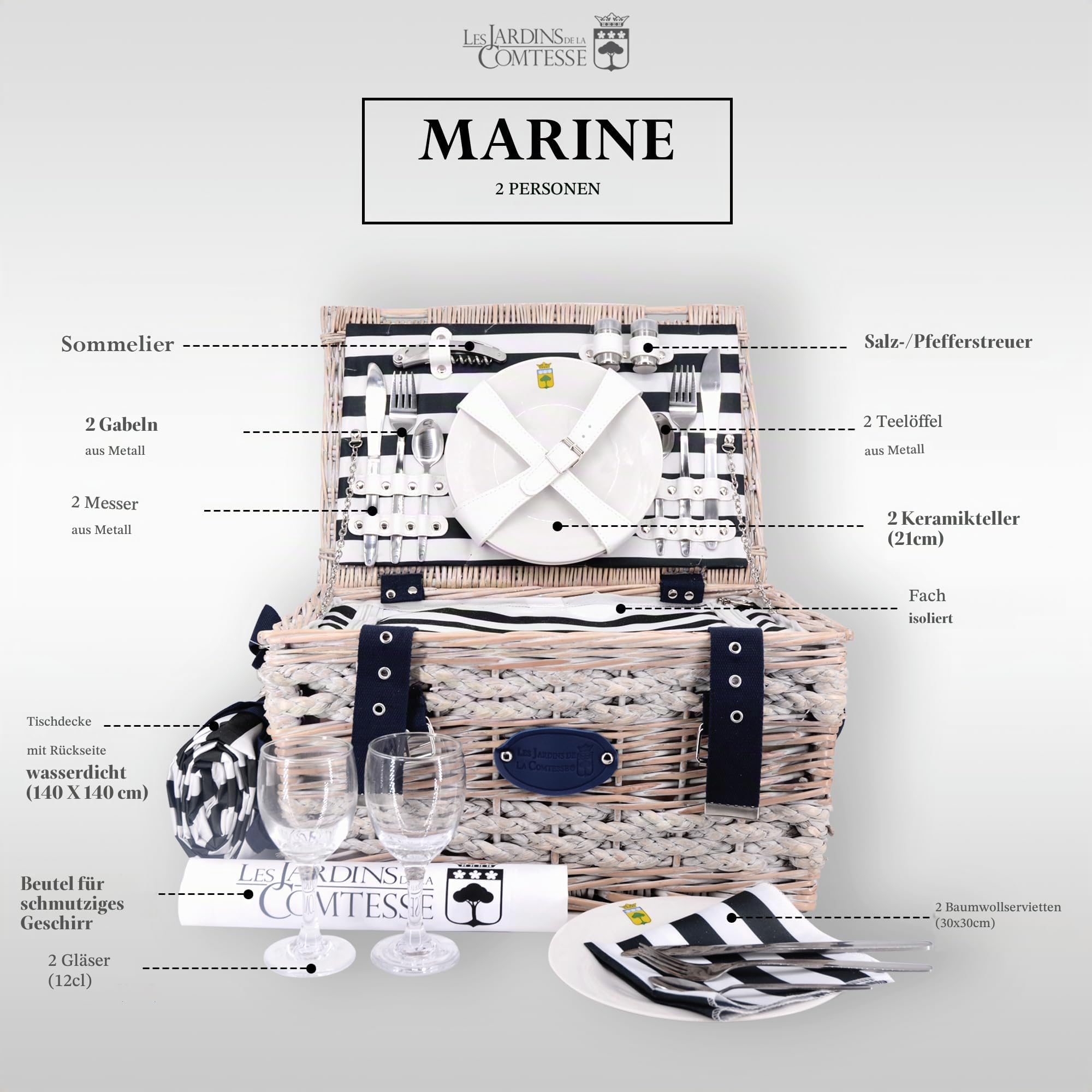 Les Jardins de la Comtesse - Picknickkorb Marine - Komplett/2 Personen - Kühlfach - Keramikteller und Weingläsern/Einer Wasserdichten Tischdecke - Gestreifter Stoff blau und weiß - 40 x 28 x 23 cm