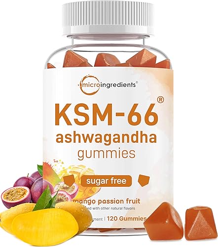 Micro Ingredients KSM-66 Ashwagandha Gummies 300 mg, 120 unidades | Sabor de fruta de la pasión de mango sin azúcar | Potente extracto de raíz |