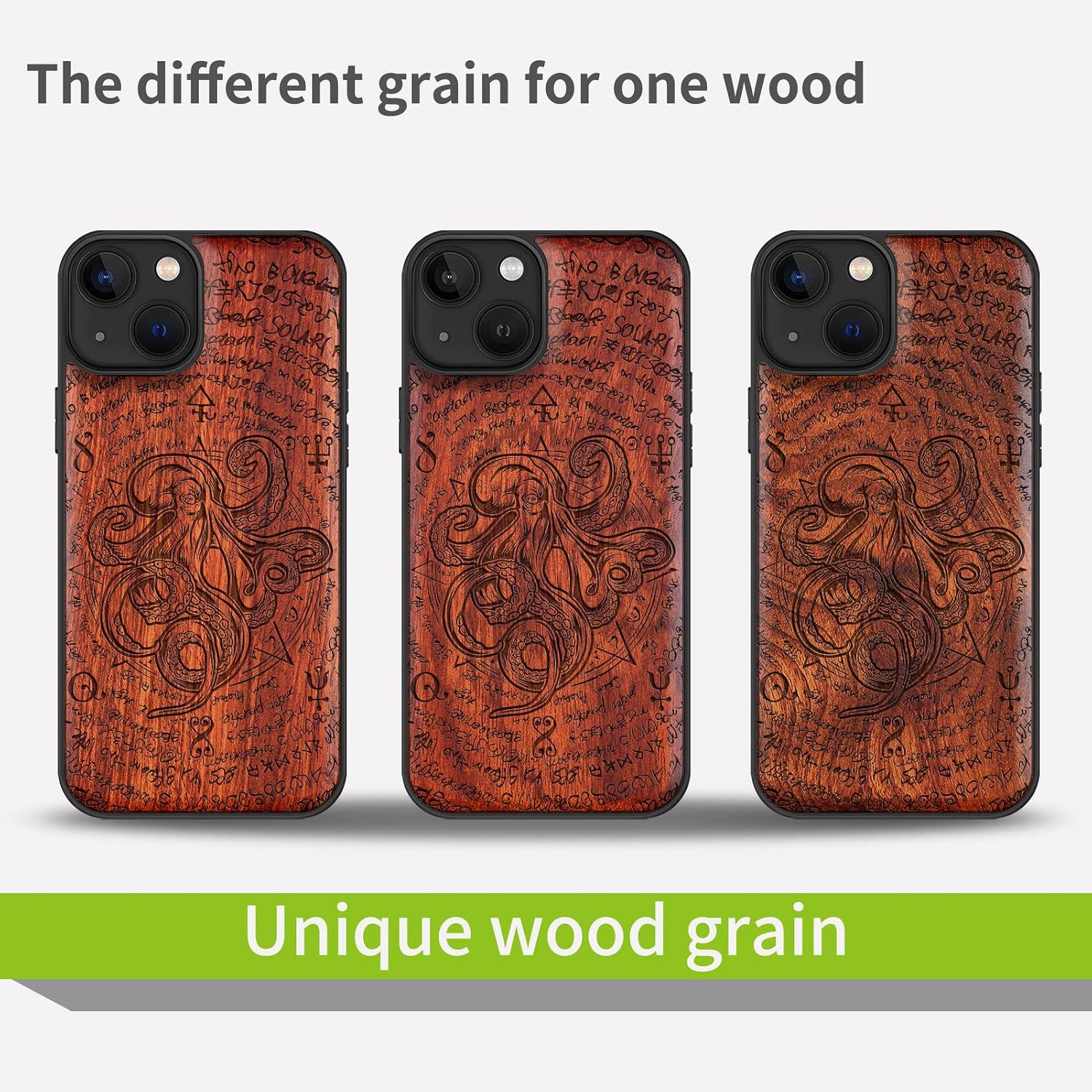 Carveit Magnetic Wood Case for iPhone 13 Case [Natural Wood & Black Soft TPU] Unique Wooden Shockproof Protective Cover Compatible with magsafe (Octopus of Old Manuscript -Rosy)