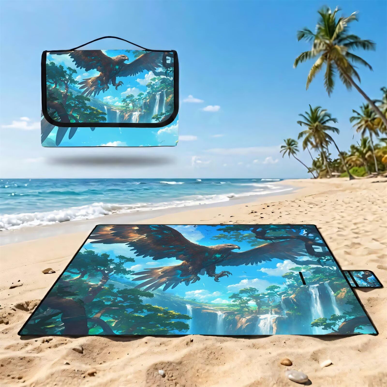 Couverture Pique Nique Grande 200x300cm,Outdoor Couverture Imperméable,Pliable Tapis de Plage Dos en PVC Anti-Sable,Picnic Blanket pour Camping Accessoires,Jardin,Parc,Famille - Forêt,Aigle (3) UZ-958
