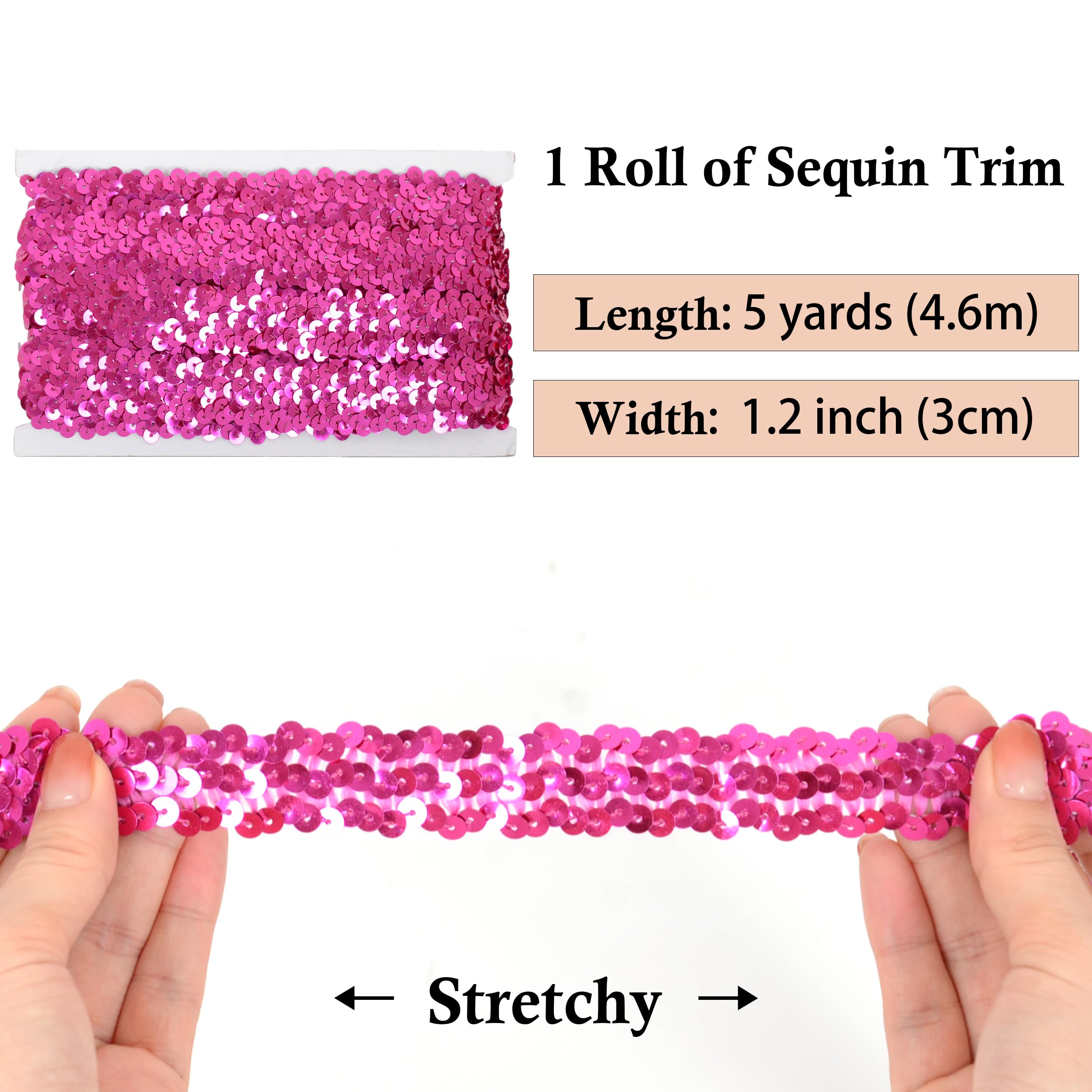 Elastic Sequin Trim, 1.2 Inch 3 Row Flat Glitter Paillette Sequin Ribbon, Bling Fabric Metallic Stretch Sequin Strip Sewing DIY Projects, 5 Yards, Hot Pink