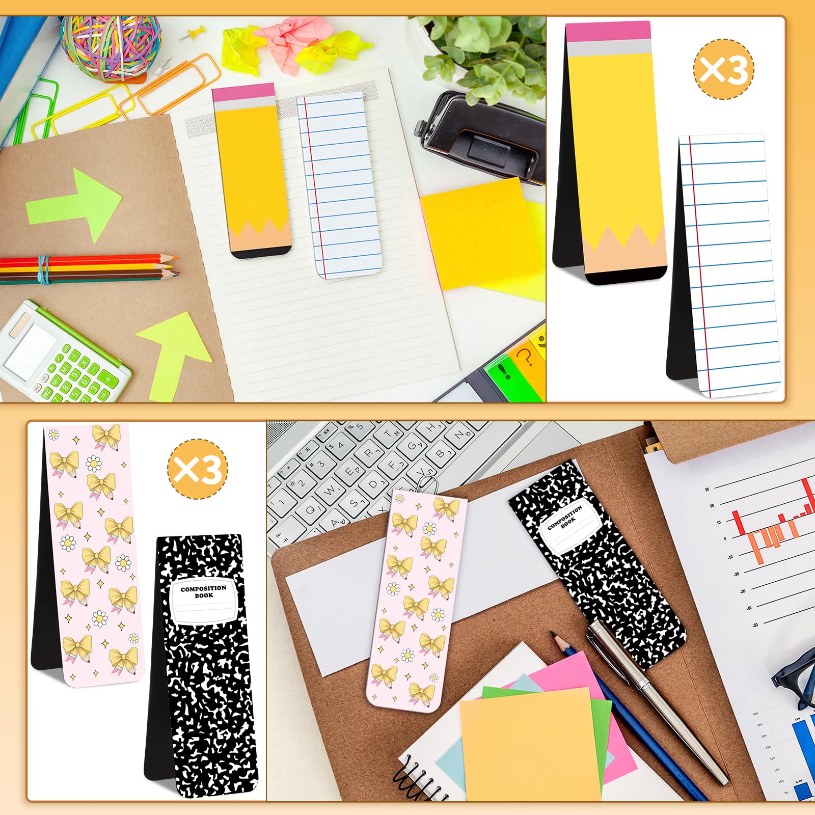 Lot de 12 grands marque-pages magnétiques pour enseignants - Fournitures de rentrée scolaire - 3,6 x 10,2 cm - Joli crayon - Marqueur de page pour enseignants, école, bureau, maison