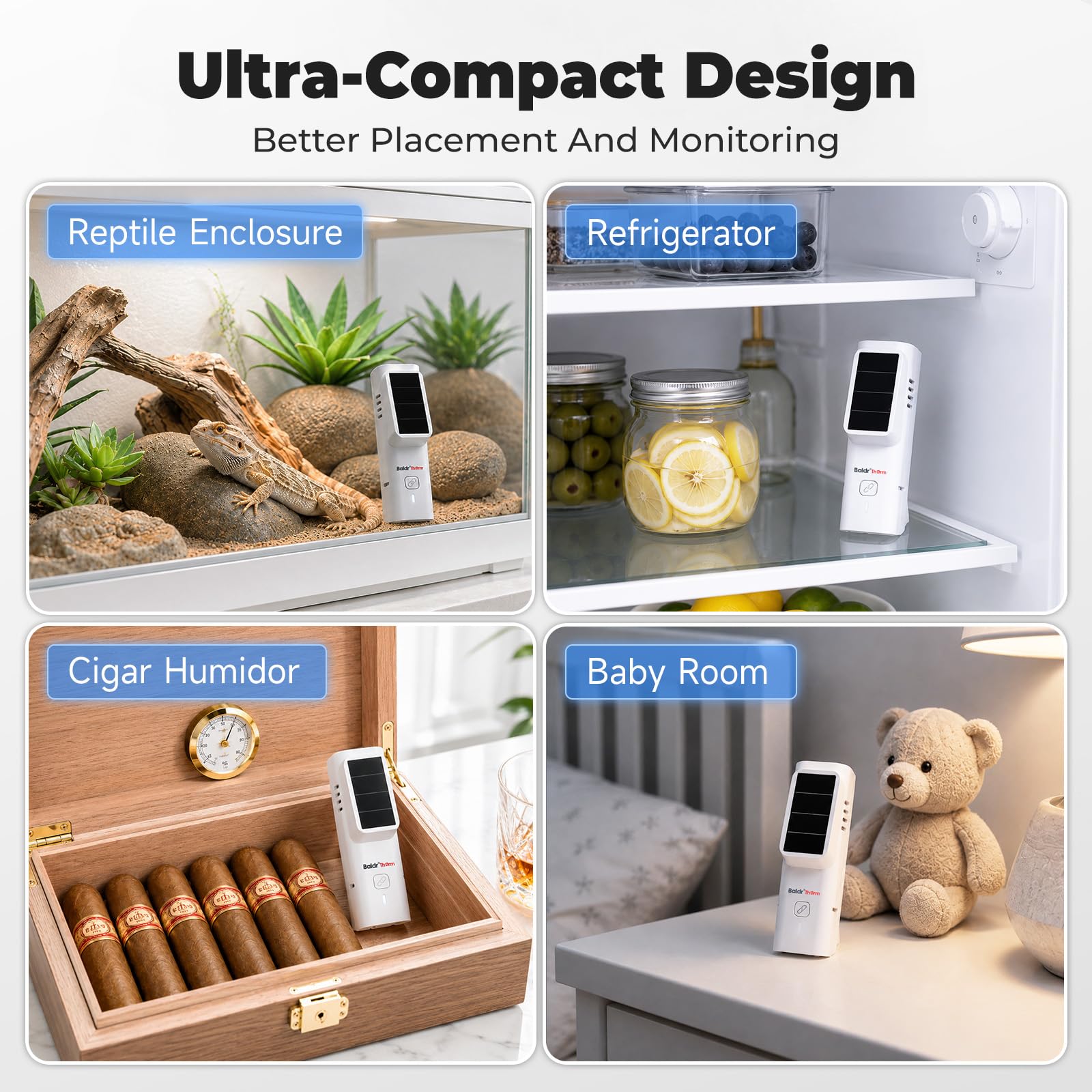 BaldrTherm Thermomètre solaire Bluetooth et moniteur d'humidité, thermomètre sans fil avec stockage de la date, alertes en temps réel, portée de connexion de 80 m, pour serre de chambre, cages pour