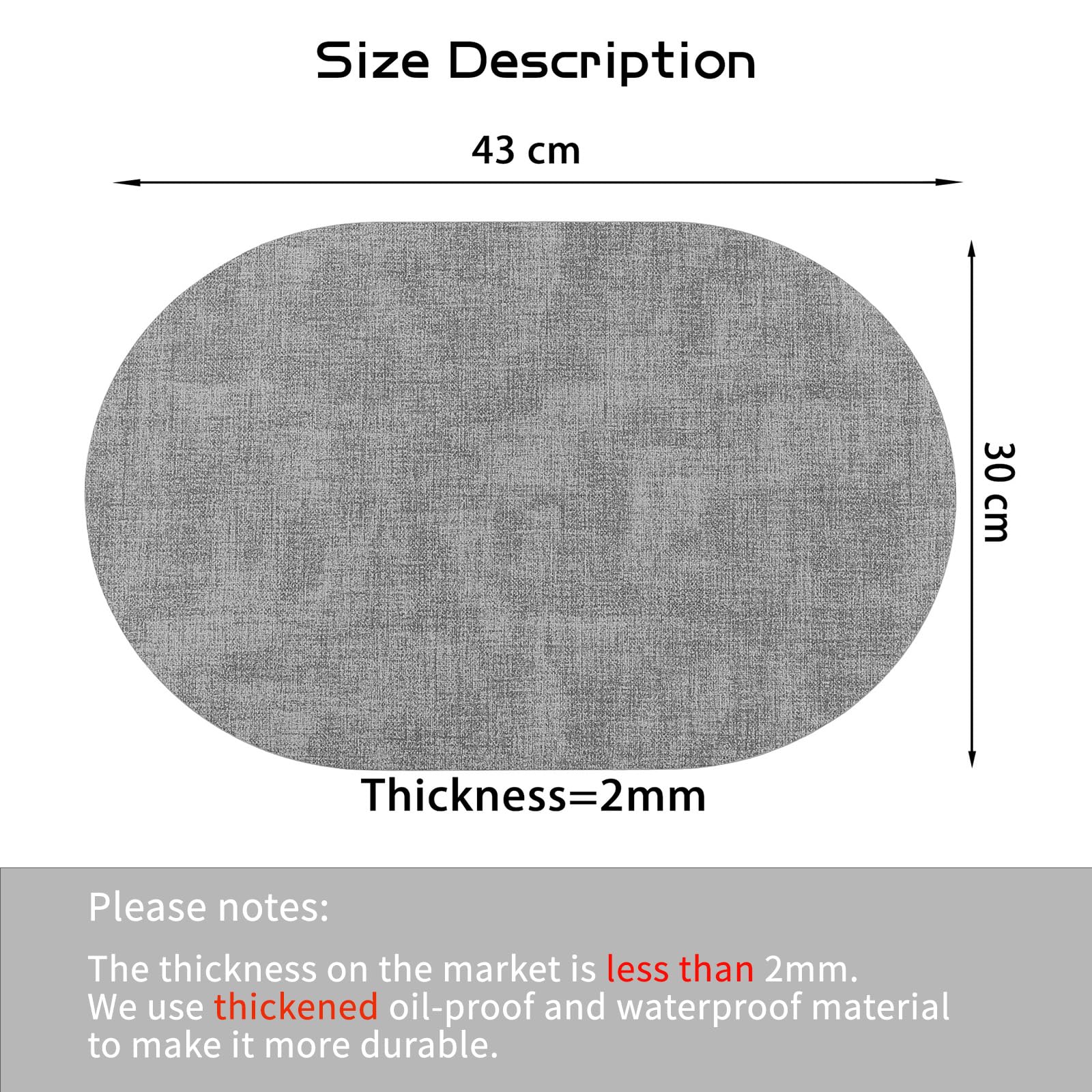 Placemats, afwasbaar, 6-delige set, PU-leer, hittebestendig, antislip, voor eettafel, keuken, ovaal, grijs