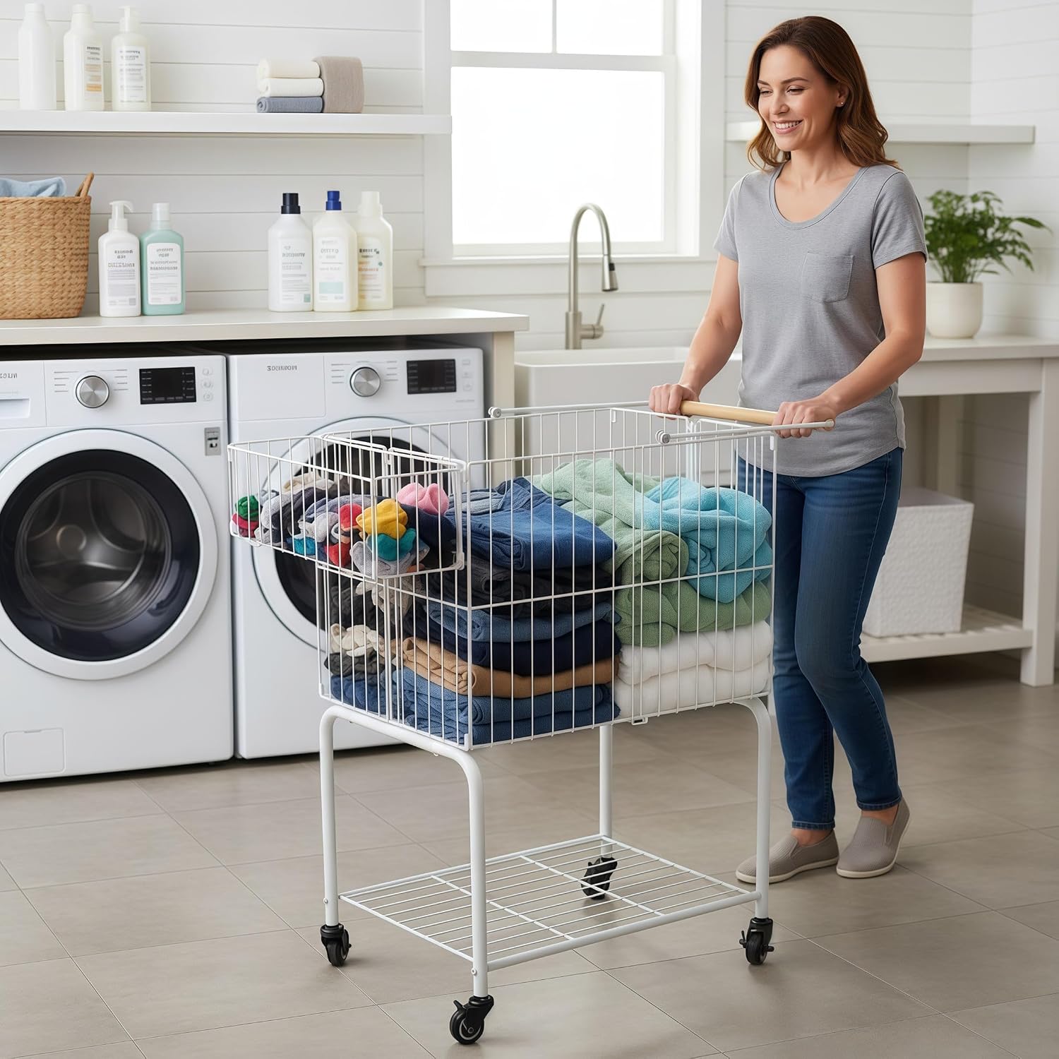 HOSY 2-Tier Rolling Laundry Basket with Handle, 30" Metal Wire Utility Cart | White, Metal Material, Lockable Swivel Wheels, Upper Basket 80-L Capacity, Movable Small Basket, Self-Assembly Required