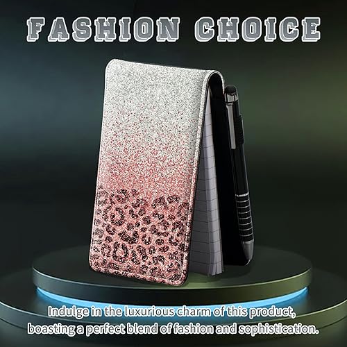 Miniatura 3 de Juego de 4 mini bloc de notas de bolsillo, diseño de leopardo rosa con purpurina de piel sintética, soporte para notas con 2 ranuras para tarjetas,