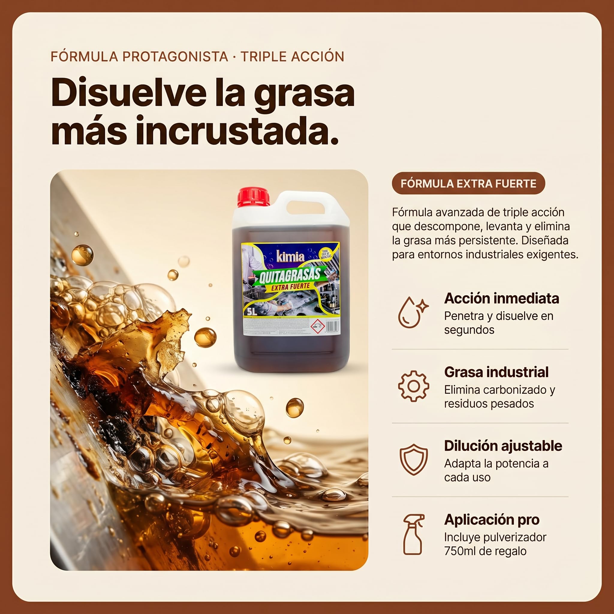 KIMIA Quita Grasas Extra Fuerte 5L + Pulverizador 750ml Desengrasante Concentrado Profesional