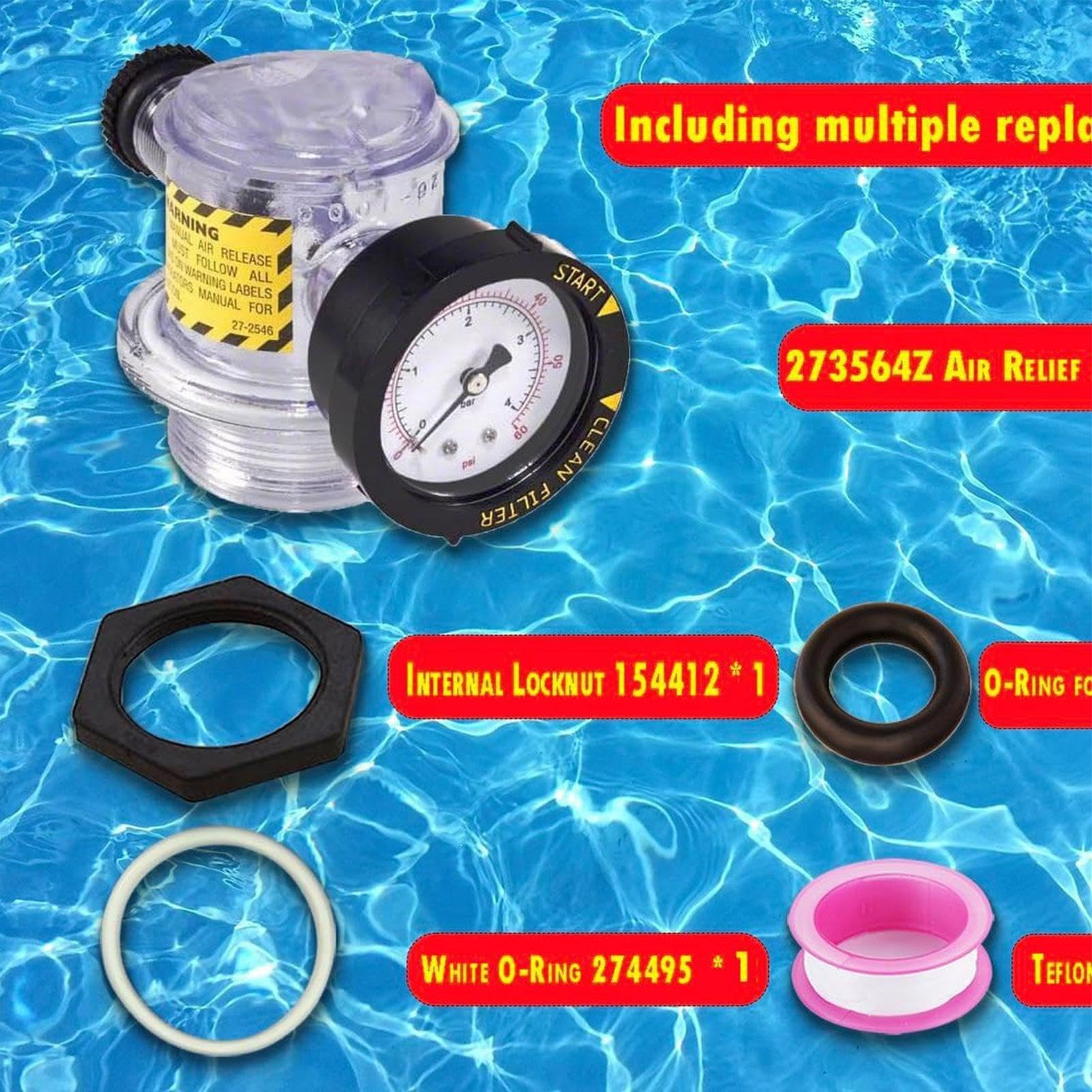 Valvola di rilascio 'aria per filtro piscina, valvola di rilascio | del filtro della piscina,Sostituzione della valvola di ventilazione con manometro | Set valvola di scarico