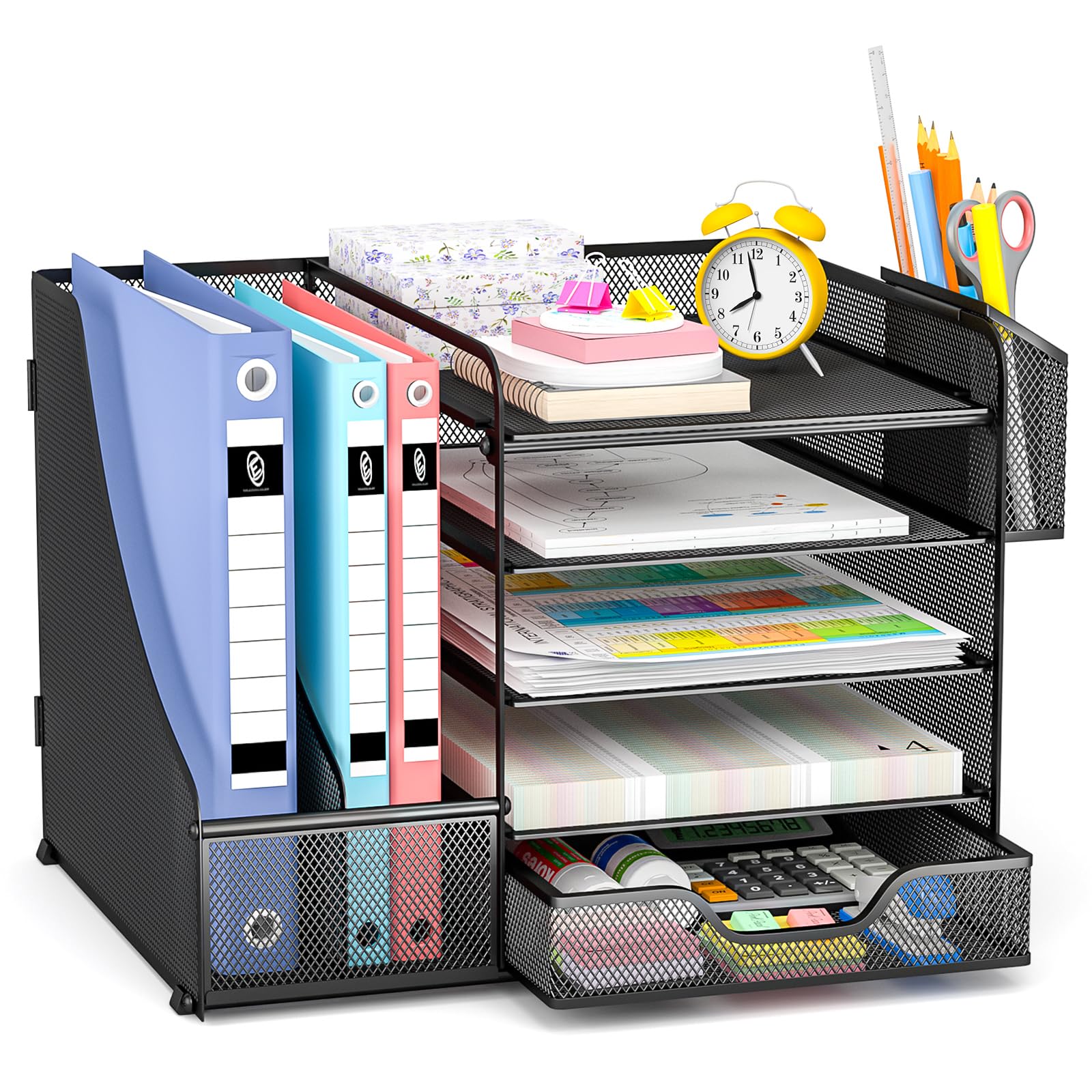 Organizer Scrivania, Portadocumenti da Scrivania, 5 Vaschette Portadocumenti Ufficio con Cassetto e Portapenne, Multifunzionale Organizer Cancelleria per Ufficio Cancelleria Casa