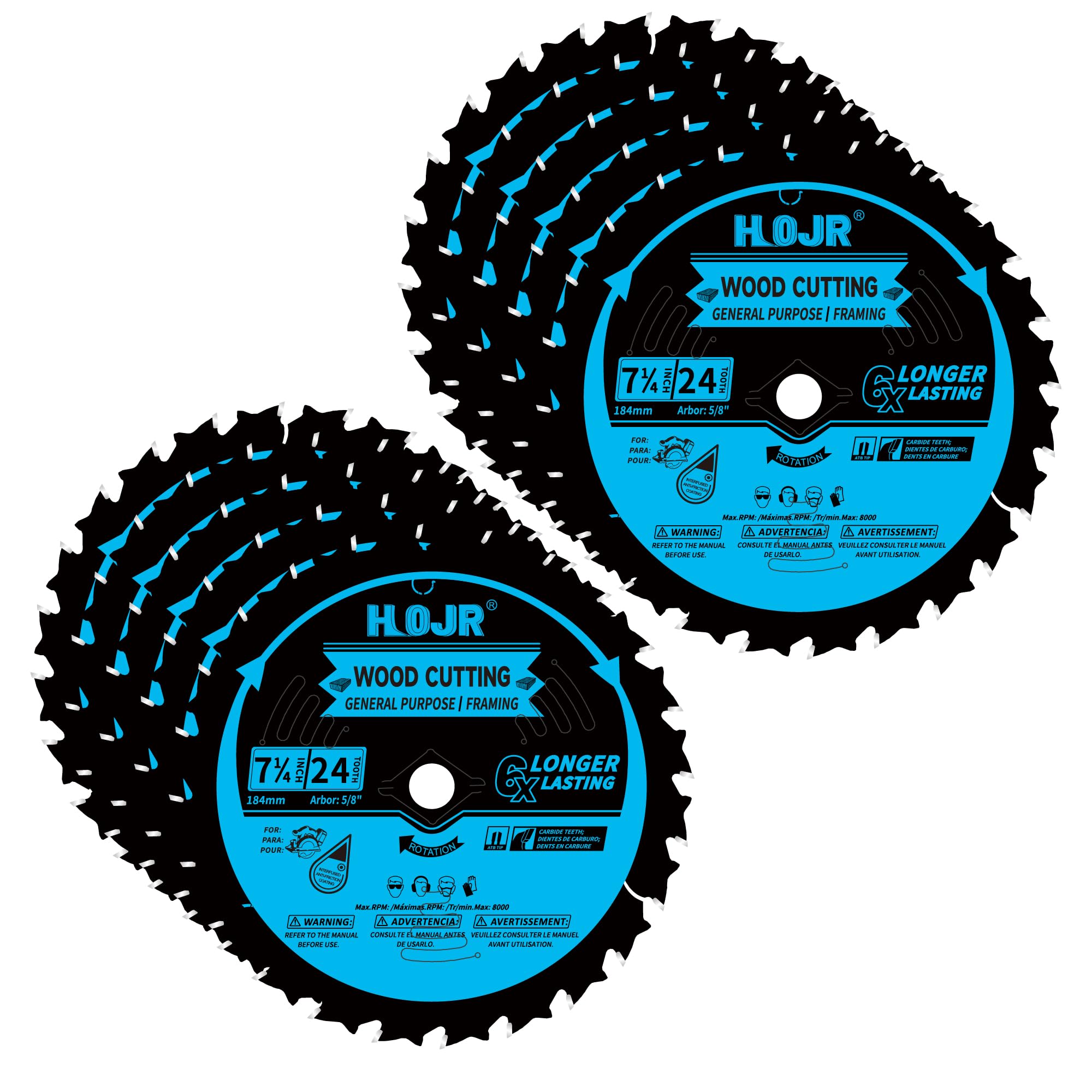 HOJR 10-Pack 7-1/4 Inch 24-Tooth 5/8" Arbor Woodworking Circular Saw Blade,Framing/General Purpose Wood Cutting Saw Blade,with Non-Stick Coating - TF,