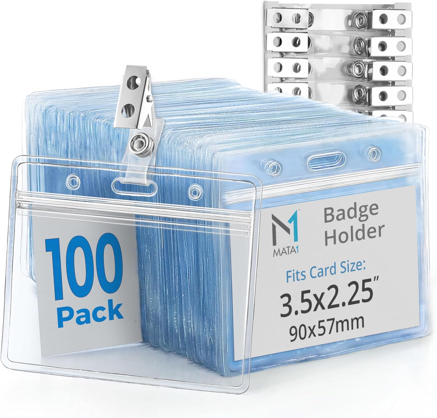 PVC ID Card Holder with Clip and Vinyl Straps, Waterproof Plastic Badges with Clips, Horizontal Name Tag and Metal Clip (Clear, 3.5x2.25 Inch, 100 PK)