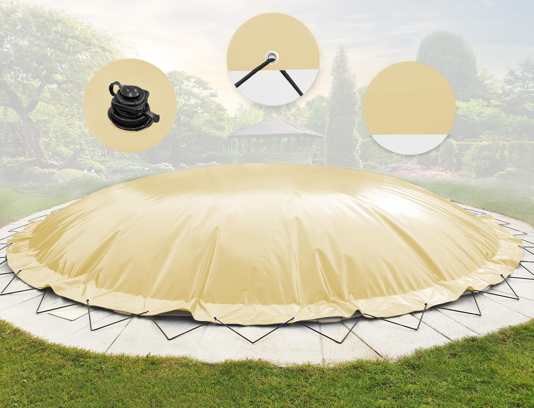 ANKO PLANEN Nadmuchiwana plandeka basenowa okrągła AirDeluxe – 1360 g/m² (2 x 680 g/m²) – okrągła osłona basenu, wodoszczelna i odporna na promieniowanie UV, beżowa, średnica wewnętrzna basenu: 650 cm