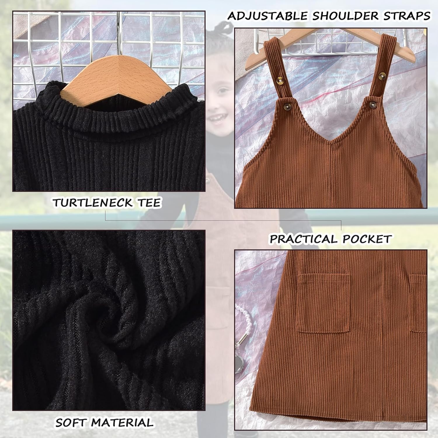 HINTINA Toddler Girl V Neck Corduroy Pinafore Overall Dress Set 2-7 Years - Image 6