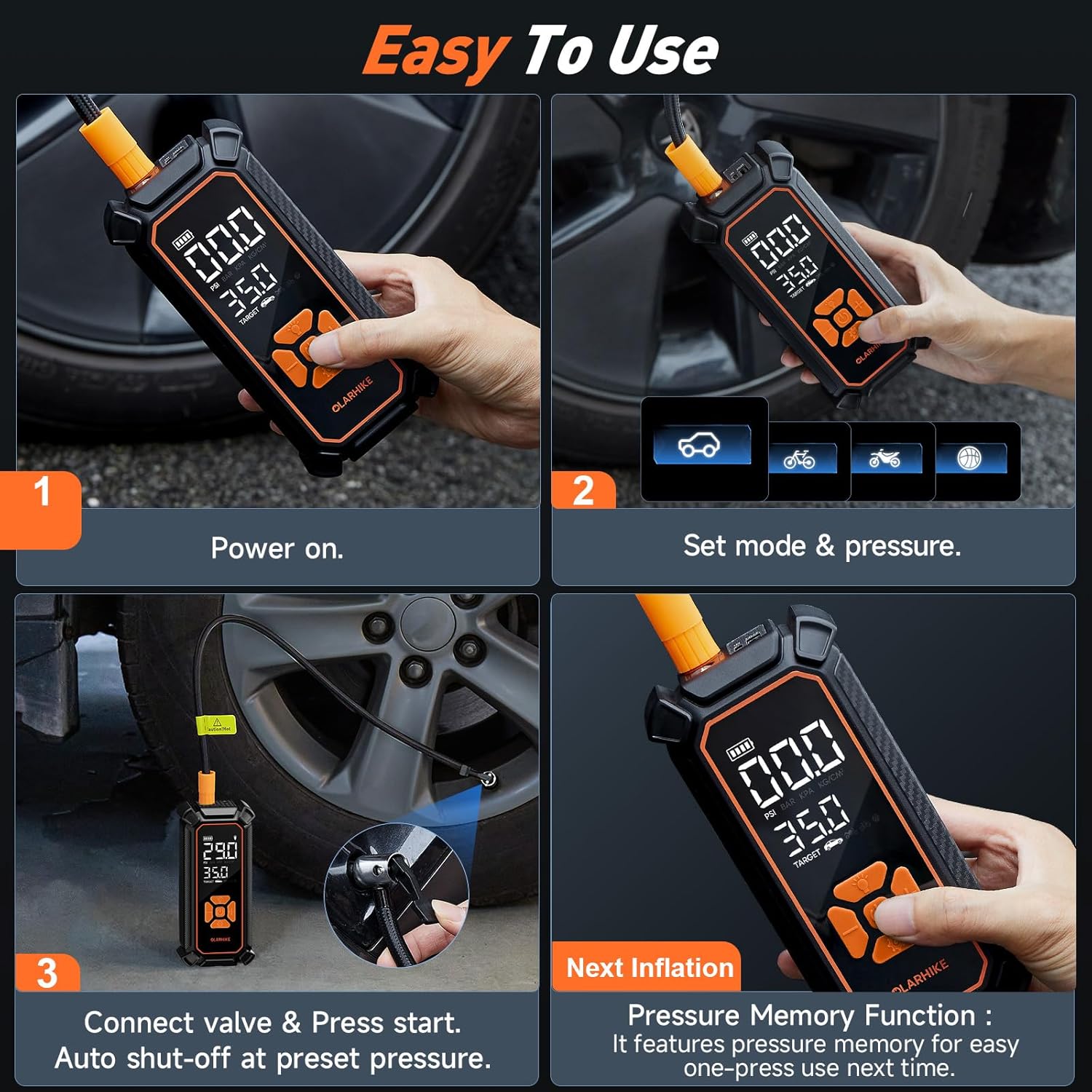 OlarHike Cordless Tire Inflator Portable Air Compressor, 150PSI Dual Power - 6000mAh & 12V DC, Air Pump for Car Tires, Motorcycle, Bicycle, Electric Pump with LED Light & Digital Pressure Gauge - Image 12