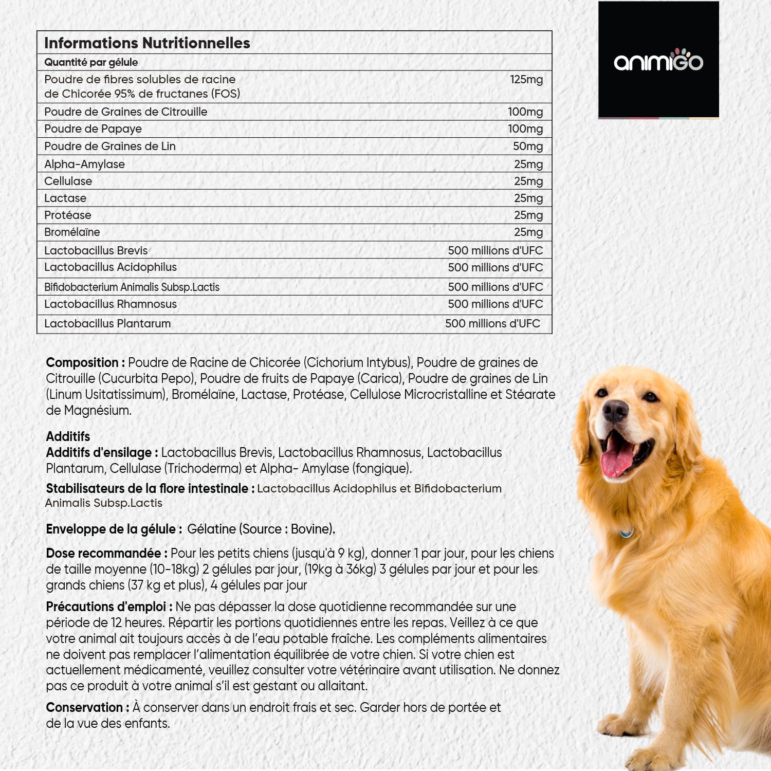 Probiotique Chien, 120 Gélules - 2,5 Milliards d'UFC par Portion, avec Ingrédients Naturels, Enzymes digestives et Probiotiques Chien - Fibres Solubles, 95% de Fructanes (FOS)