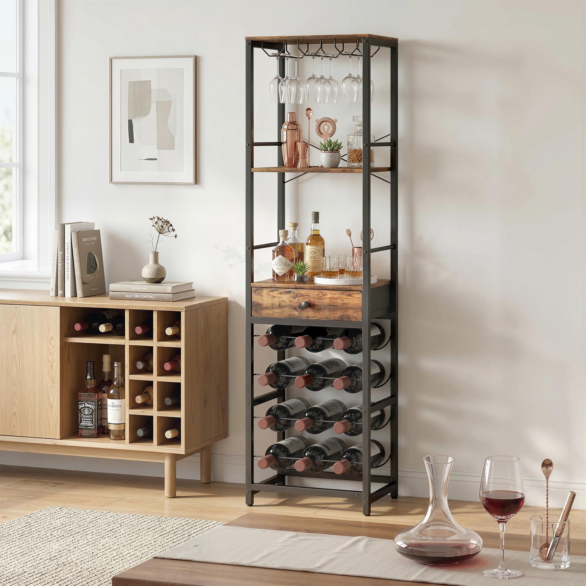 HOMCOM Casier à Bouteilles pour 12 Bouteilles, casier à vin avec étagère Ouverte et tiroir, Style Industriel, étagère à vin en métal pour Cuisine, Salon, Bar, 40 x 30 x 148 cm, Brun Rustique