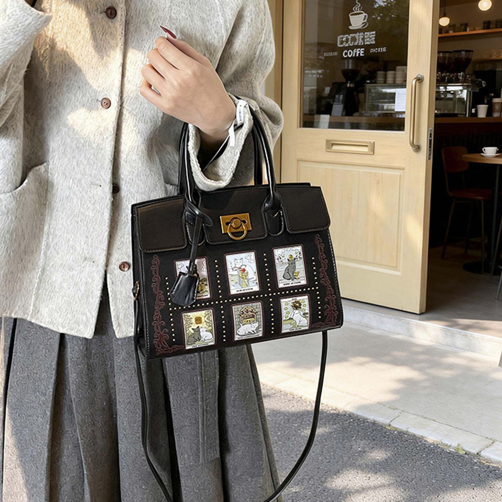 Borsa con ricamo creatura con tracolla regolabile e tasche multiple per borsa da donna dal design alla con gatti