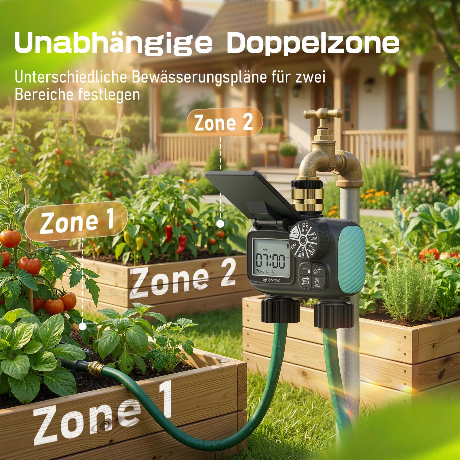 2-Zonen Solar Bewässerungscomputer, Automatische Bewässerung Wasser Zeitschaltuhr mit Solaraufladung, Bewässerungssteuerung mit Auto-/Manuell-/Regenverzögerungsmodi für Rasen/Terrasse/Garten
