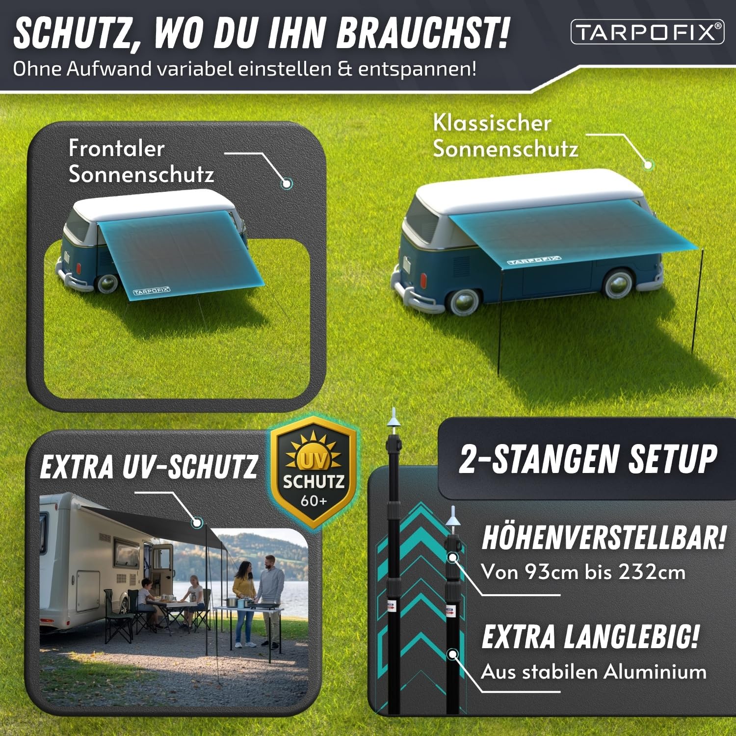 Tarpofix® Sonnensegel Wohnwagen 3 x 2,4 m Wasserabweisendes Sonnendach UV Schutz Camping Kederleiste Vorzelt Plane