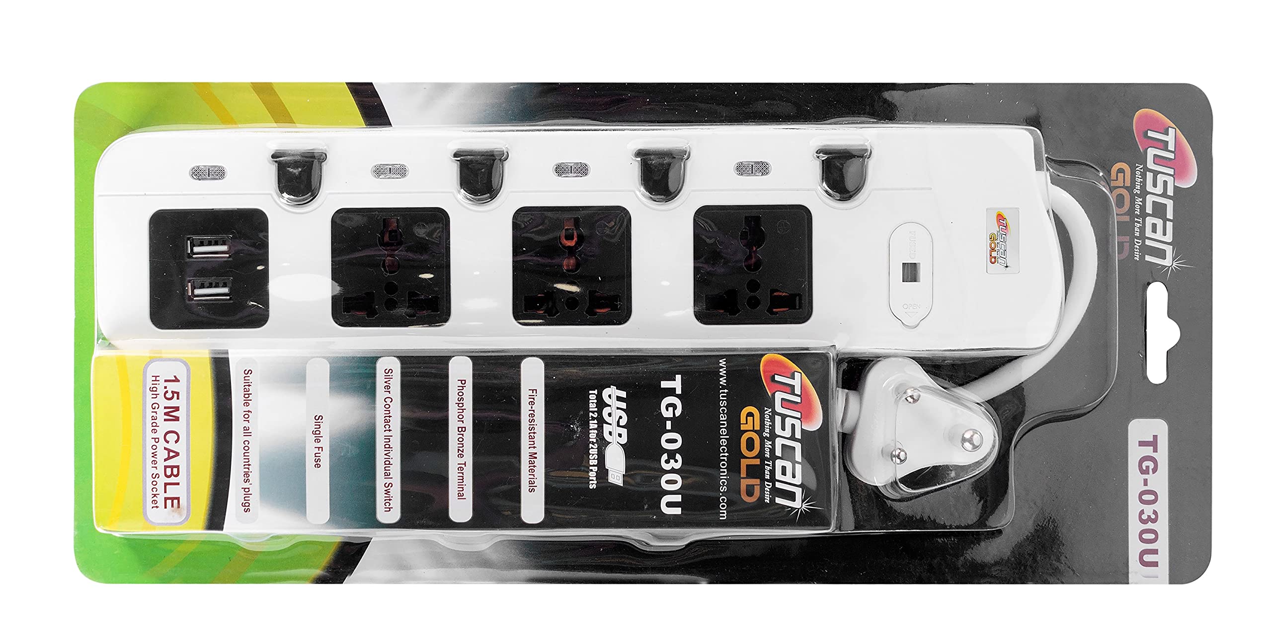 Hi-PLASST Tuscan Gold High Power(6A) 4 Switch 3 Socket & 2 USB with Inidvidual Indicator 1.5Meter Surge Protector Universal Power Strip Extension Board (White)