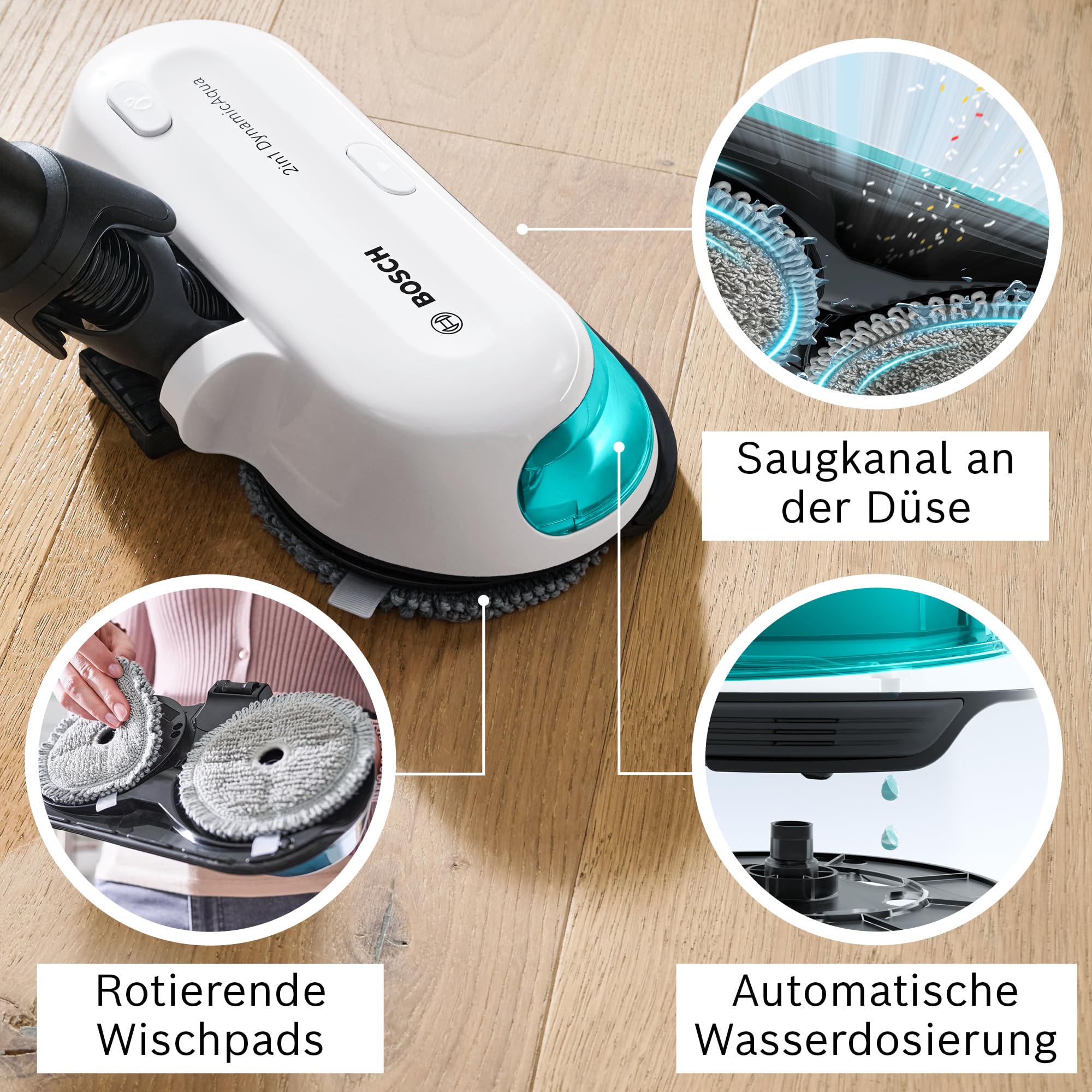 Bosch Akku-Staubsauger Unlimited 7 ProHygienic Aqua BKS71HYG4, kabellos, 2in1 Saugen & Wischen, Knickrohr, HEPA-Filtersystem, 10 J. Motorgarantie, Wechselakku, Mini-Turbo-Düse, Made in Germany, weiß