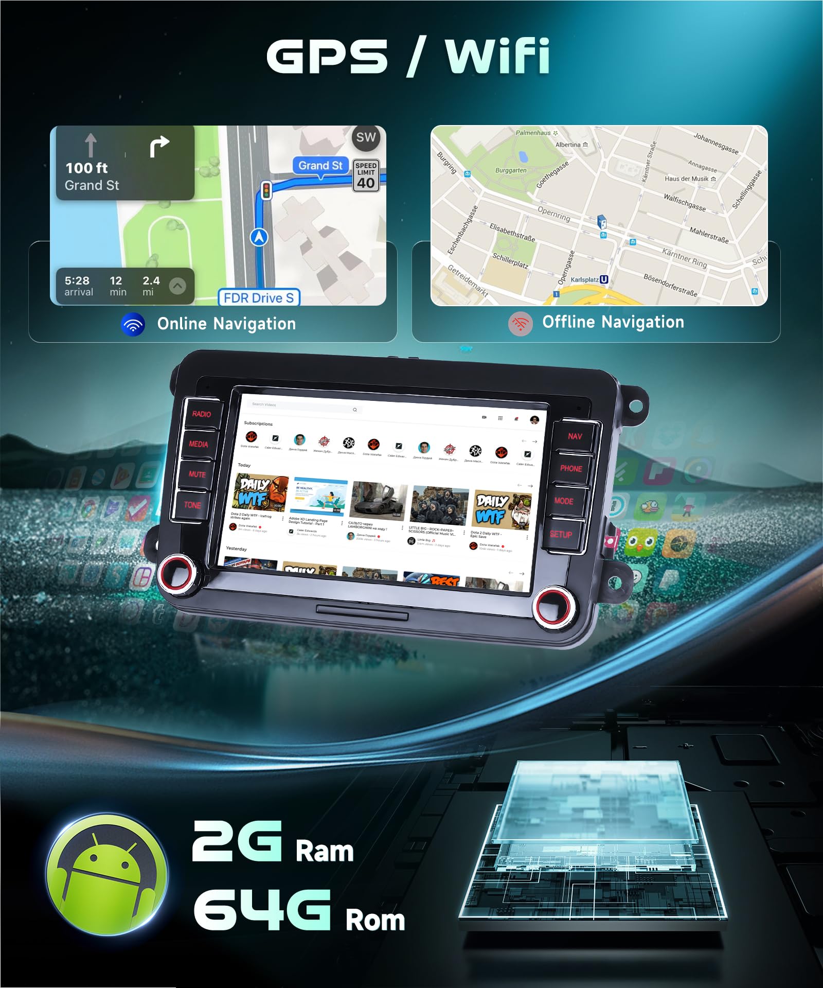 2G&64G 7" Radio de Coche con para VW Golf 5 6 VW Polo T5 Passat Touran Seat con Carplay Android Auto,Android 15,Bluetooth,Radio RDS/FM,navi WiFi,cámara de visión Trasera AHD