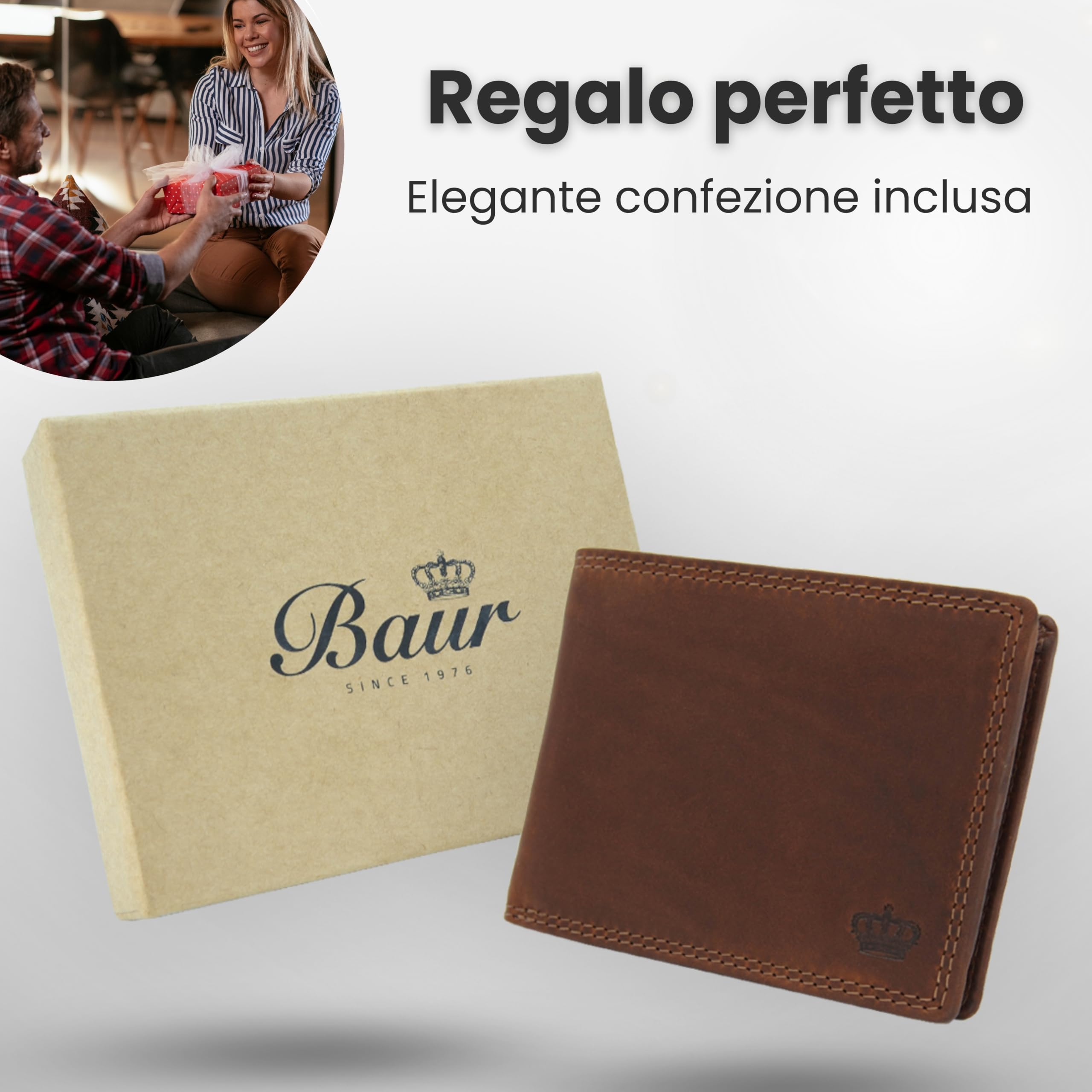Baur portafoglio da uomo – vera pelle con protezione RFID – portafoglio in pelle orizzontale con 9 scomparti carte e scomparto monete (Formato orizzontale con bottone interno, Marrone scuro)