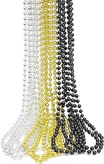 GIFTEXPRESS 12 pack of 33 Mardi Gras Beads Necklace, Metallic Black Gold Silver Beaded Necklace, Mardi Gras Throws, Party Beads Costume Necklaces