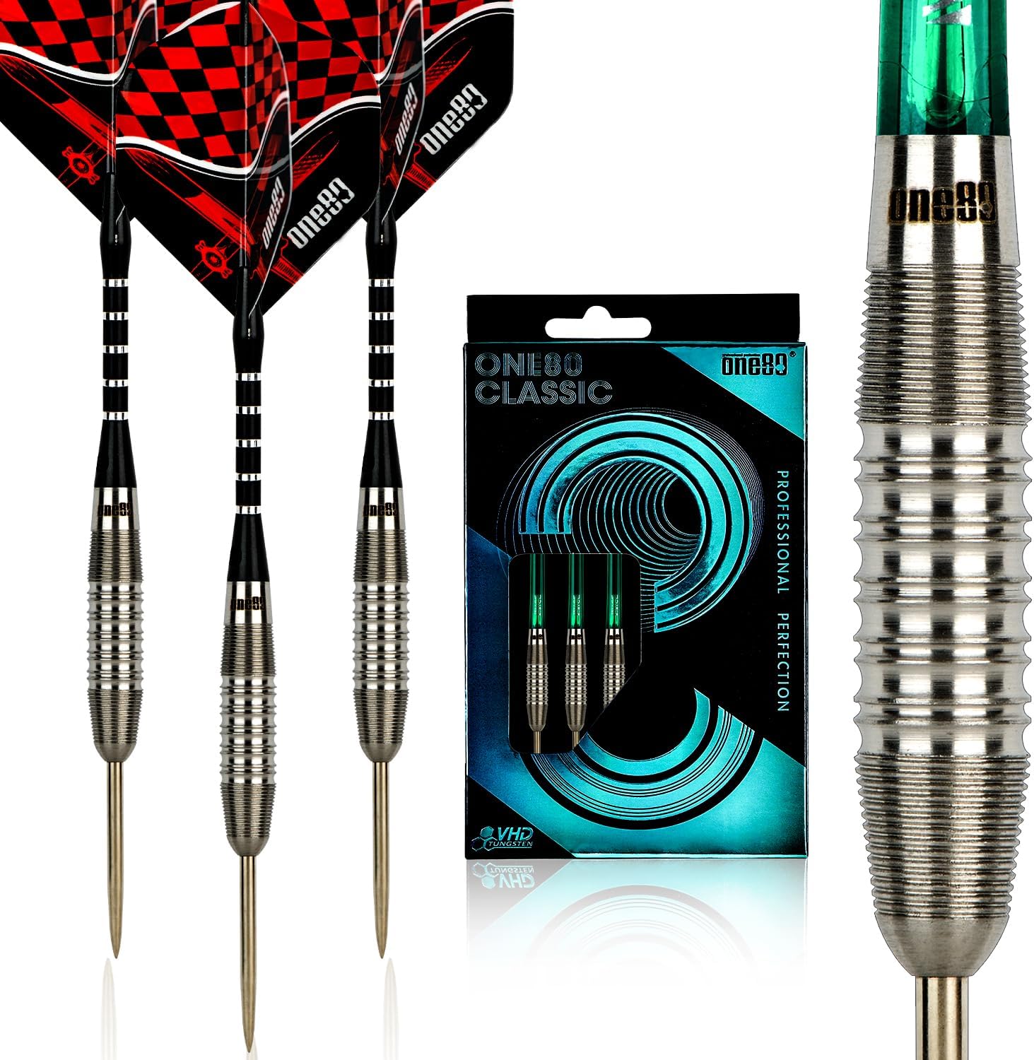 ONE80 90% VHD Steel Tip Tungsten Dart, Professional Barrel Style with Extra Flights, Shafts and Sharpener Gift Box Packaging